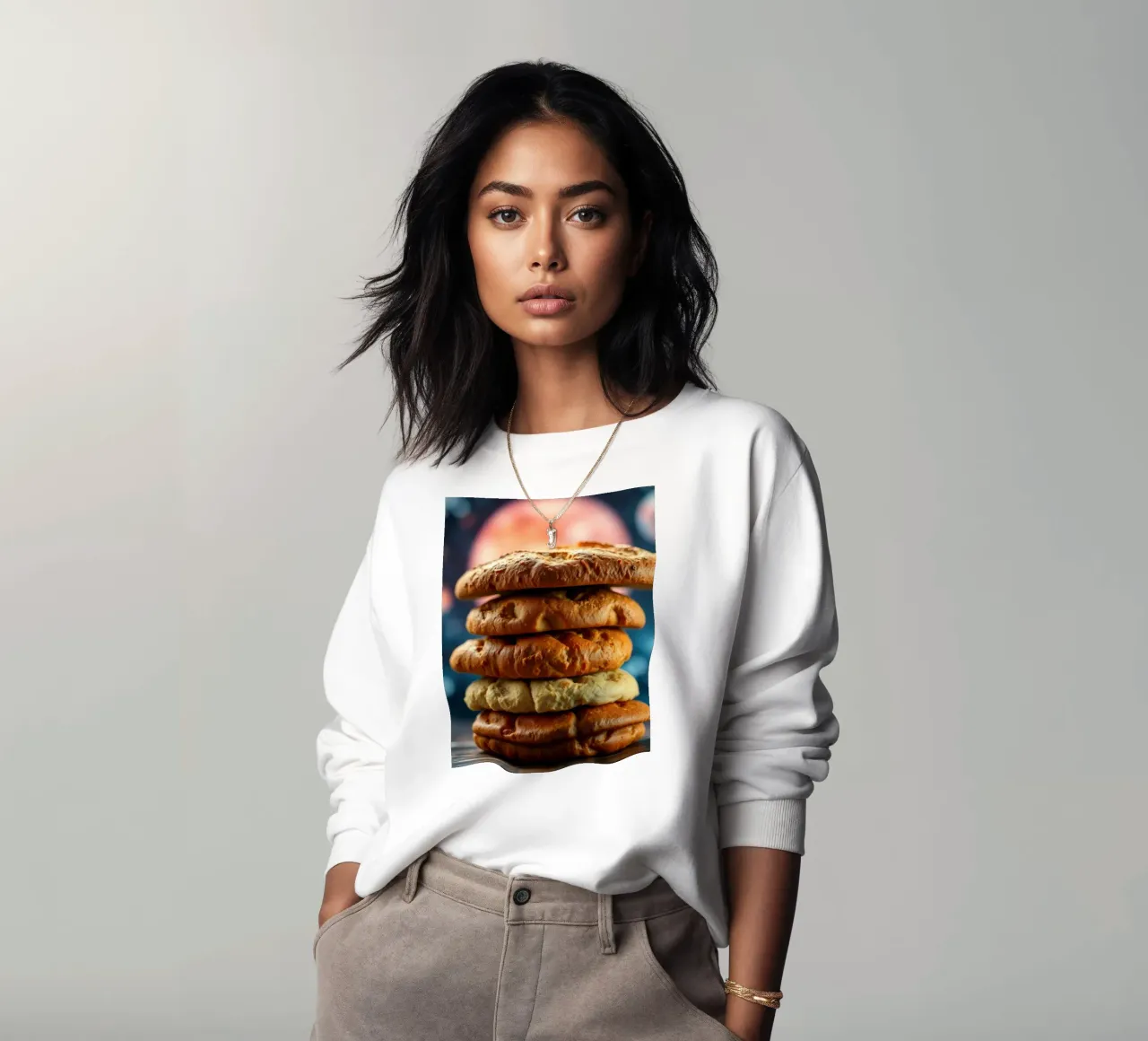 Stack of gourmet cookies against a cosmic background sweatshirt by DesignDoodle