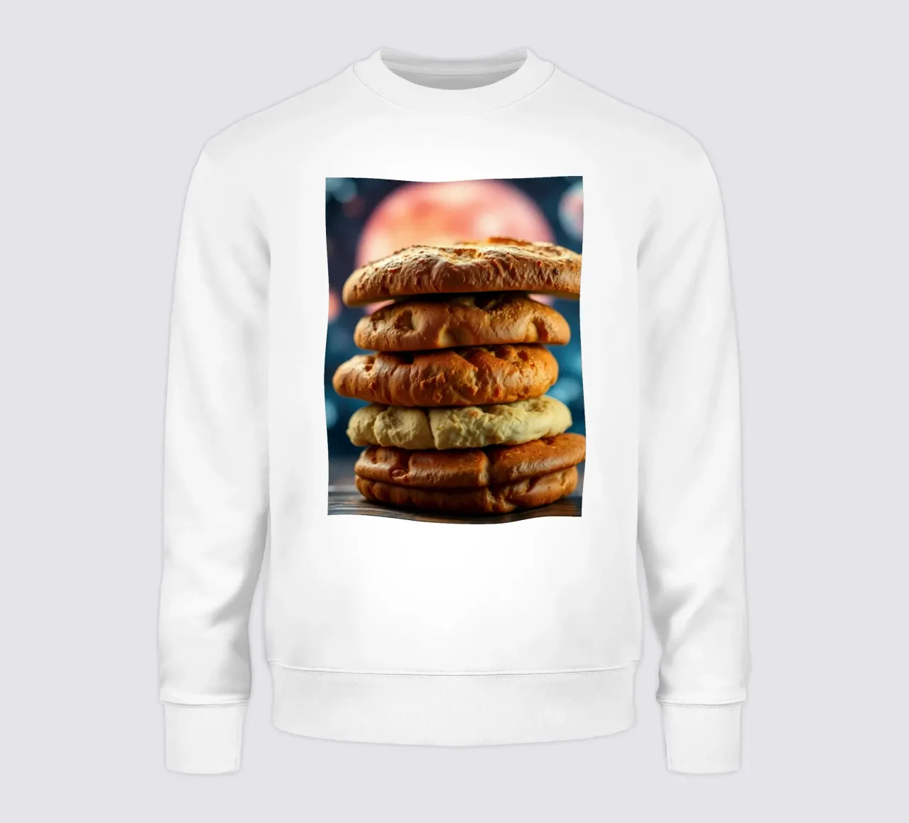 Stack of gourmet cookies against a cosmic background sweatshirt by DesignDoodle