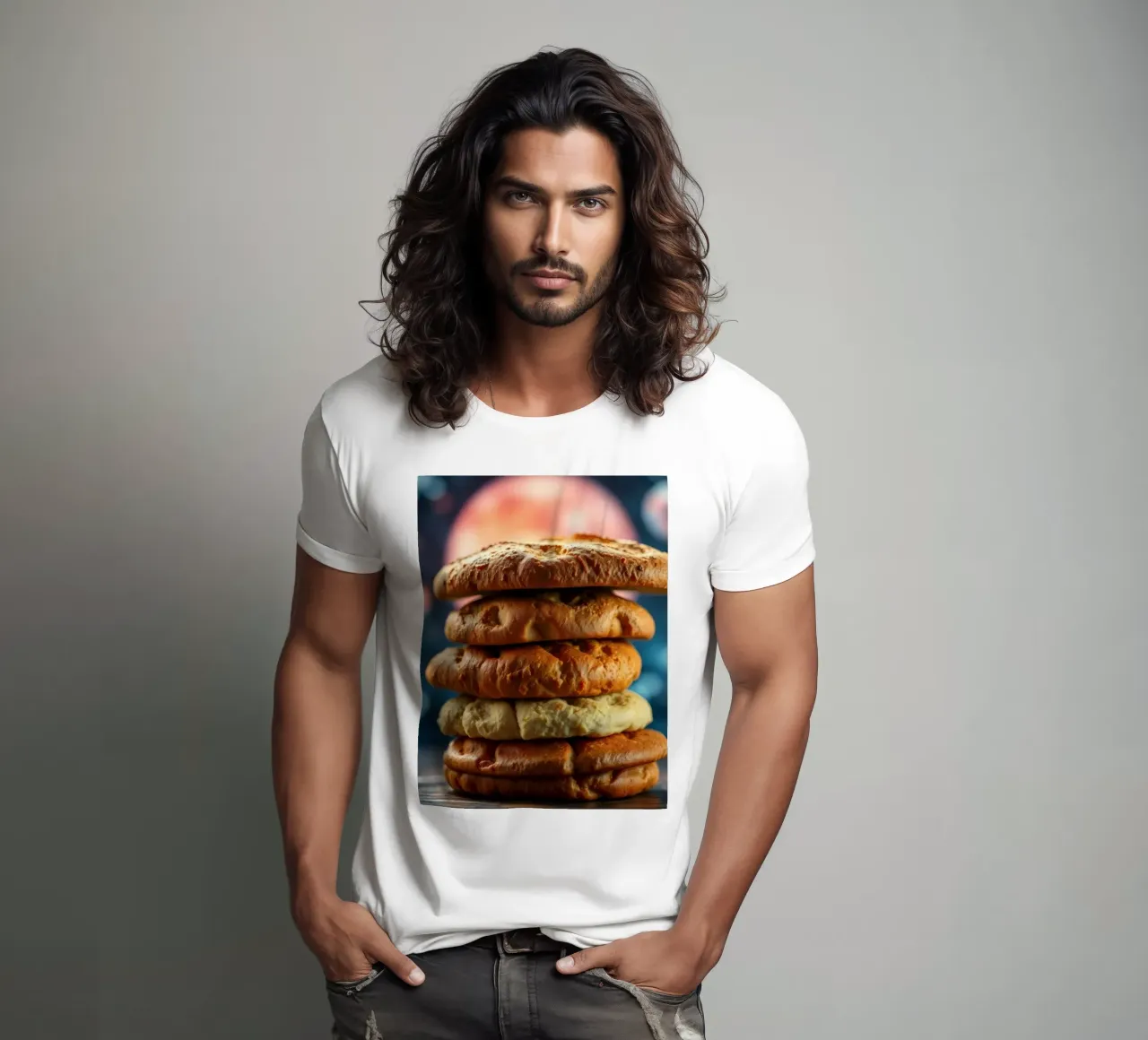Stack of gourmet cookies against a cosmic background t-shirt by DesignDoodle