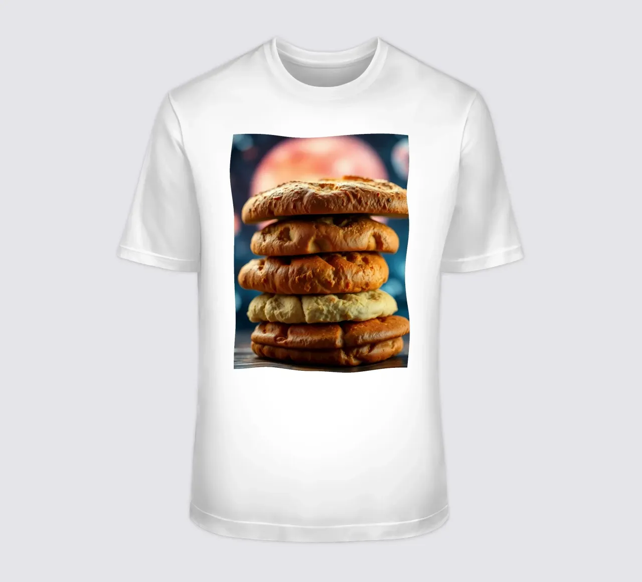 Stack of gourmet cookies against a cosmic background t-shirt by DesignDoodle