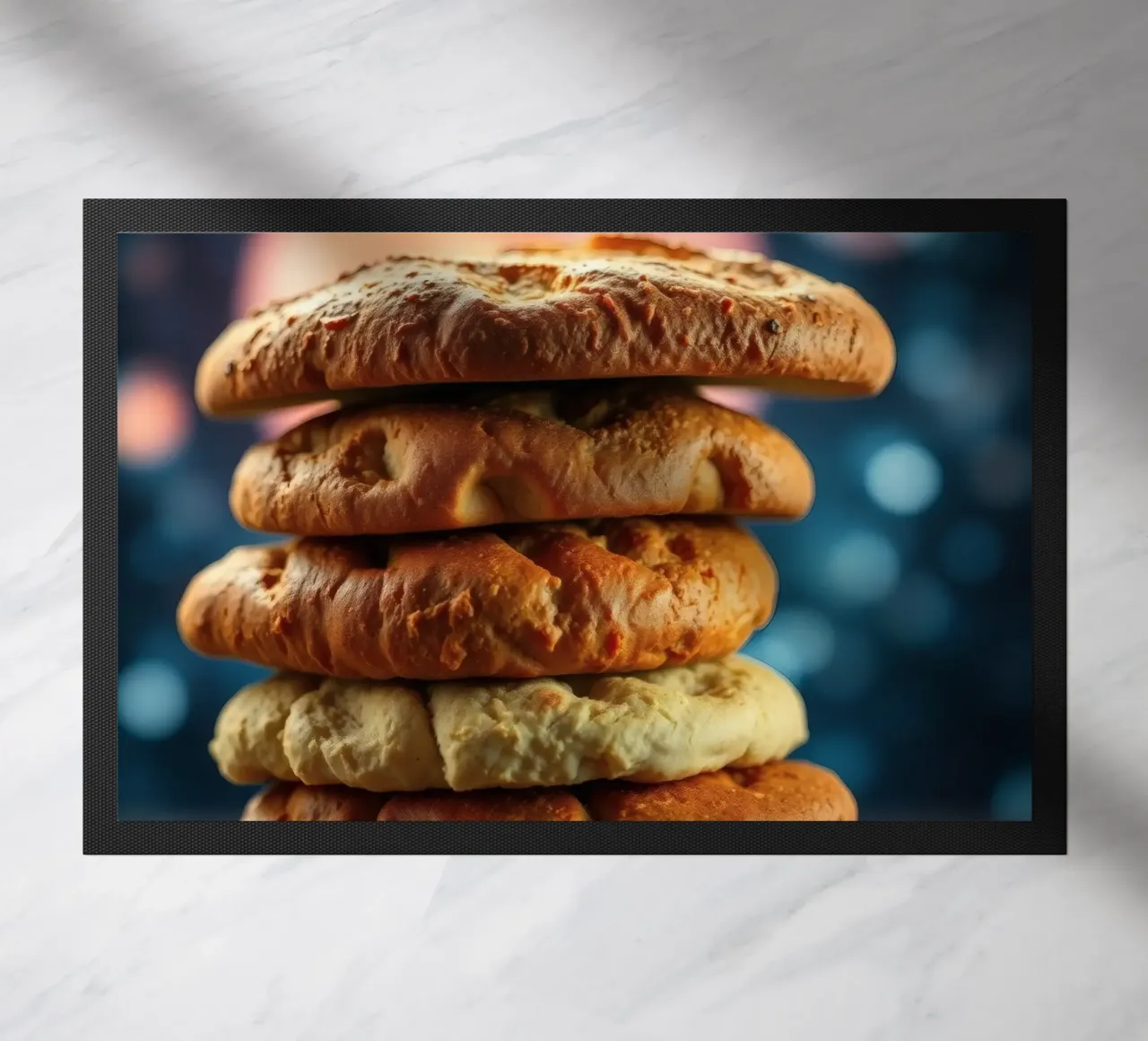 Stack of gourmet cookies against a cosmic background doormat by DesignDoodle