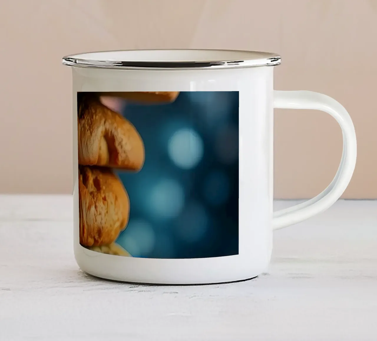 Stack of gourmet cookies against a cosmic background enamel mug by DesignDoodle