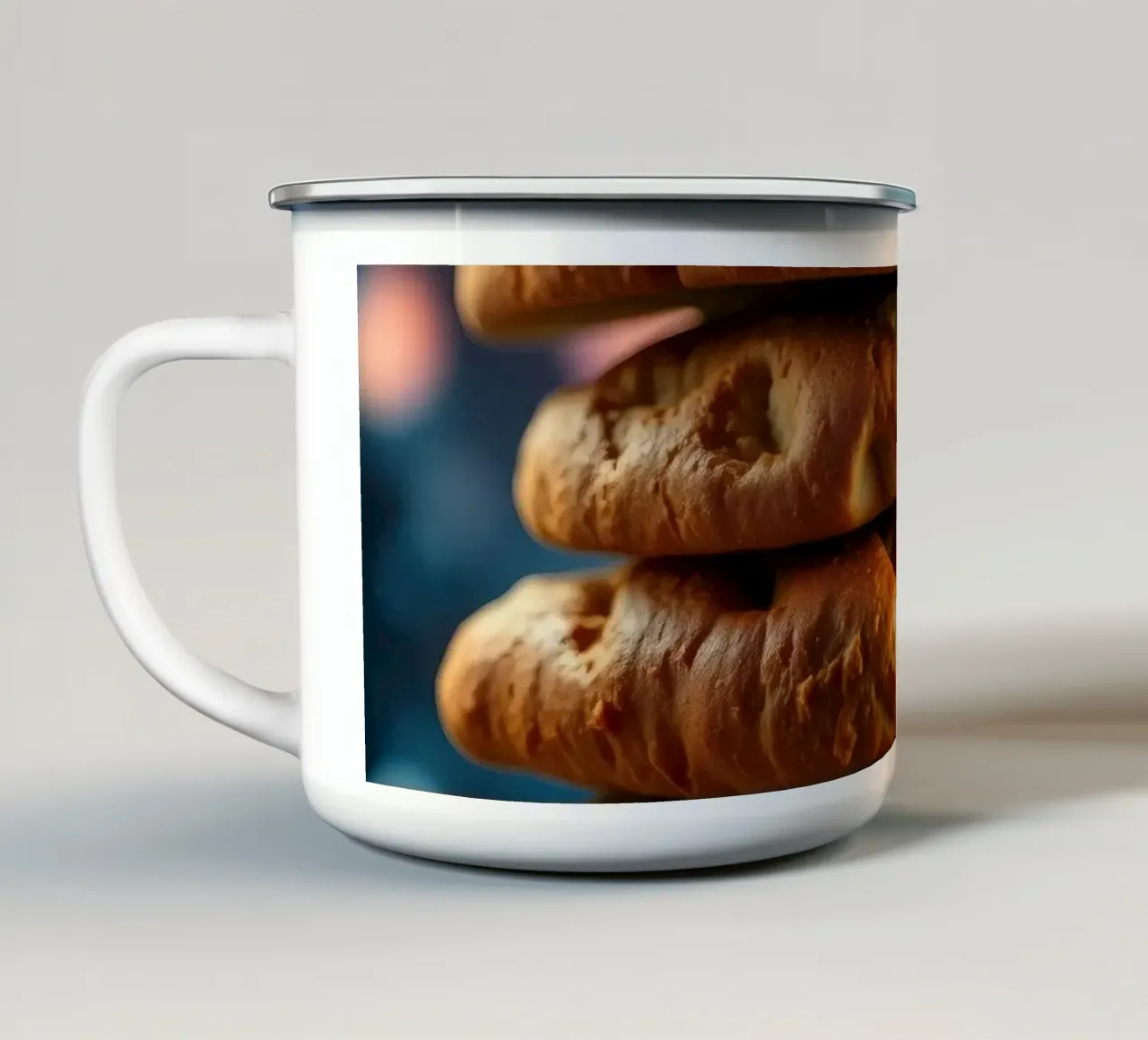 Stack of gourmet cookies against a cosmic background enamel mug by DesignDoodle