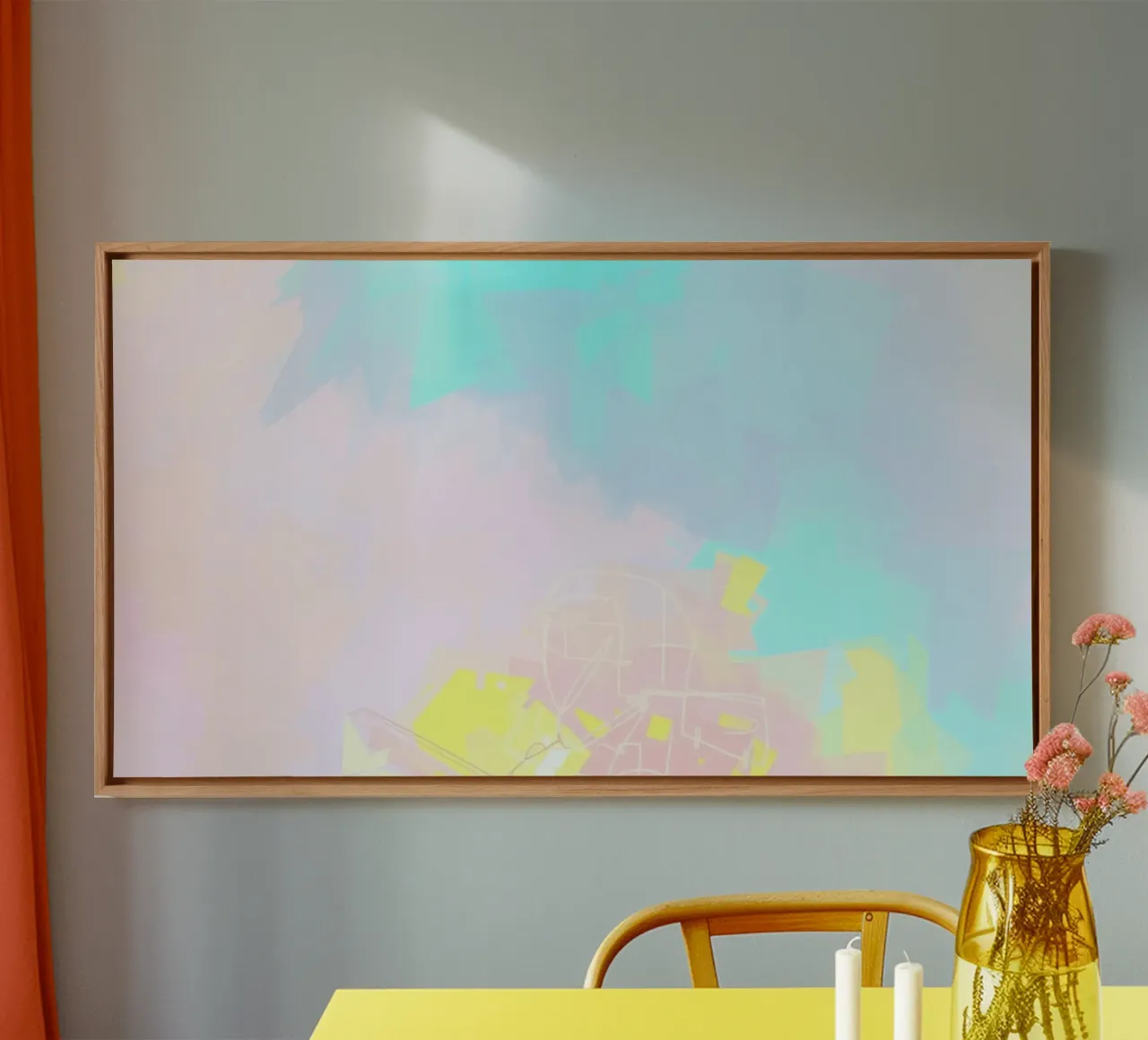 Abstract art piece featuring vibrant colors and shapes canvas with Floater frame by DesignDoodle