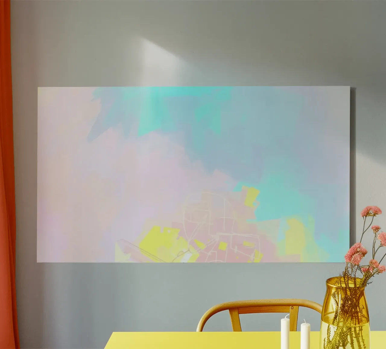 Abstract art piece featuring vibrant colors and shapes canvas with Floater frame by DesignDoodle