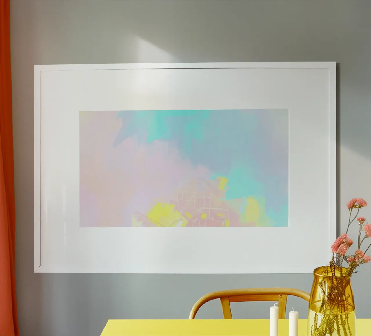 Opera d'arte astratta caratterizzata da colori e forme vivaci poster con telaio in legno da DesignDoodle