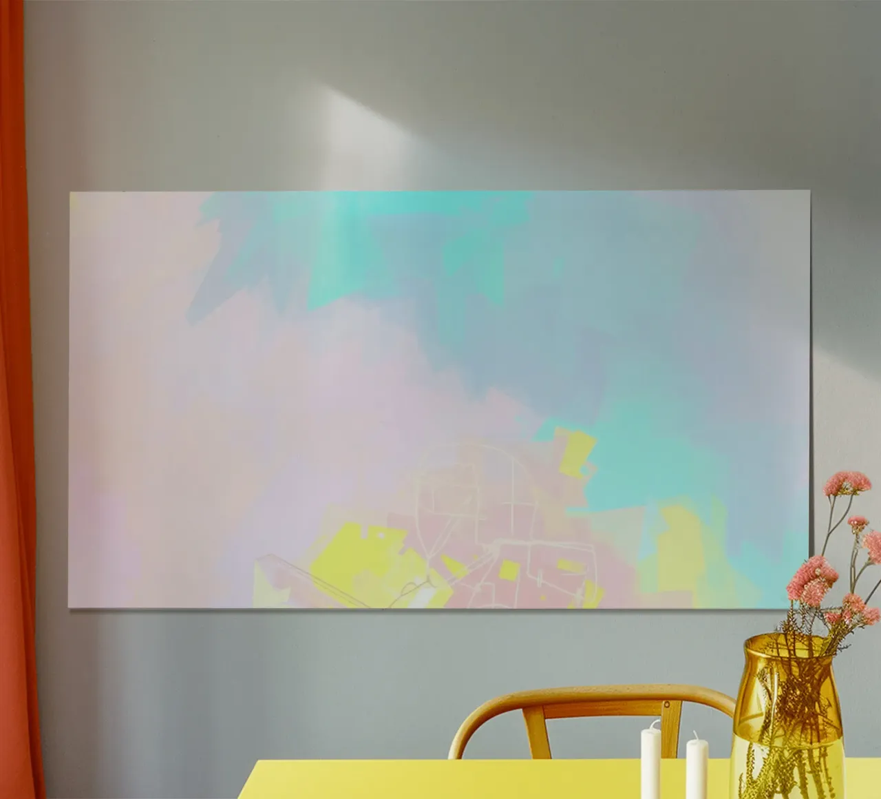 Opera d'arte astratta caratterizzata da colori e forme vivaci poster con telaio in legno da DesignDoodle