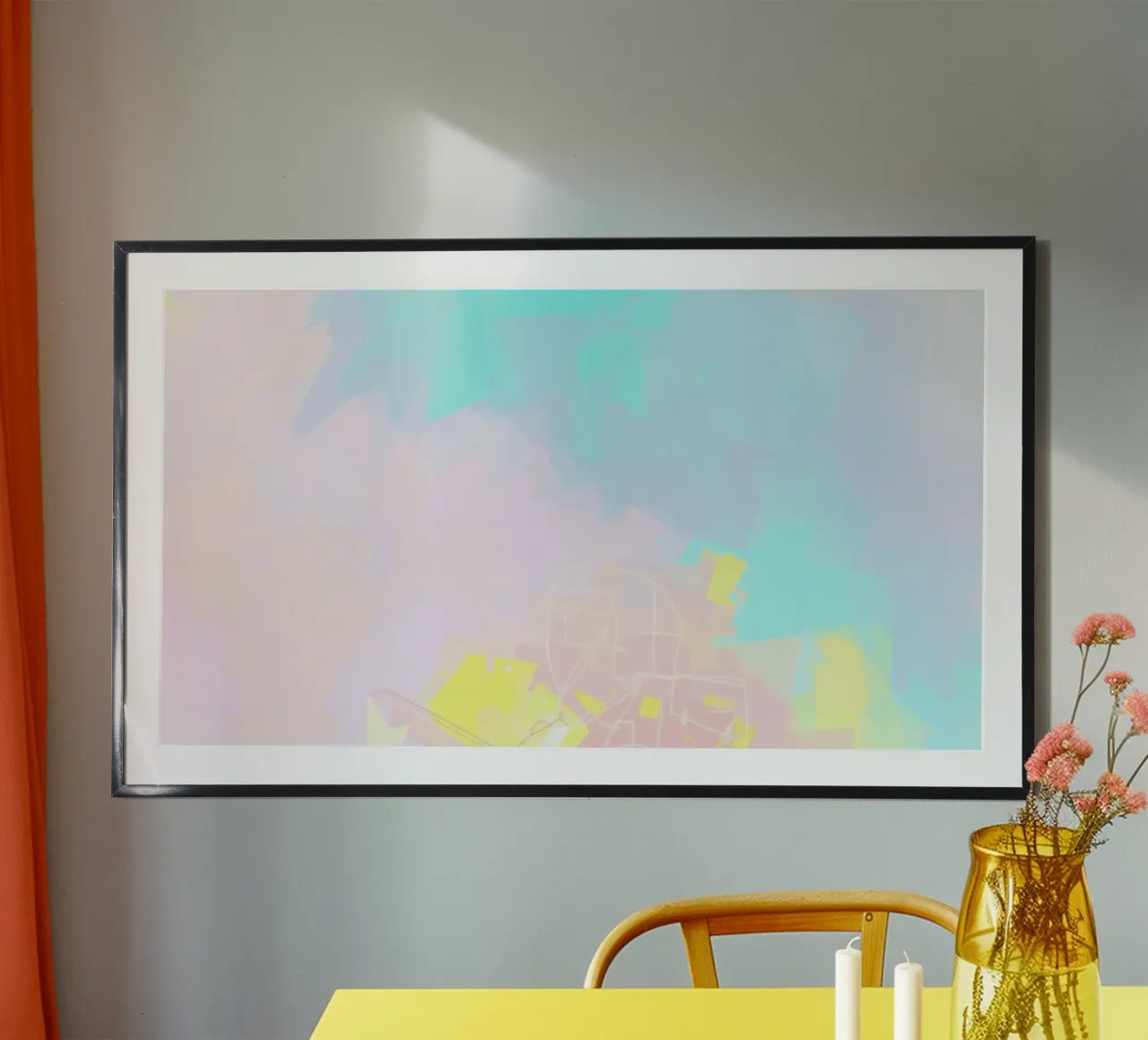 Opera d'arte astratta caratterizzata da colori e forme vivaci poster con telaio in legno da DesignDoodle