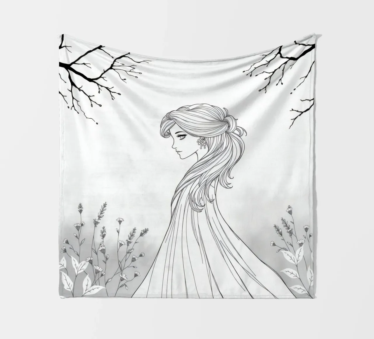 Donna elegante con capelli fluenti in un'opera d'arte in bianco e nero coperta in pile da DesignDoodle
