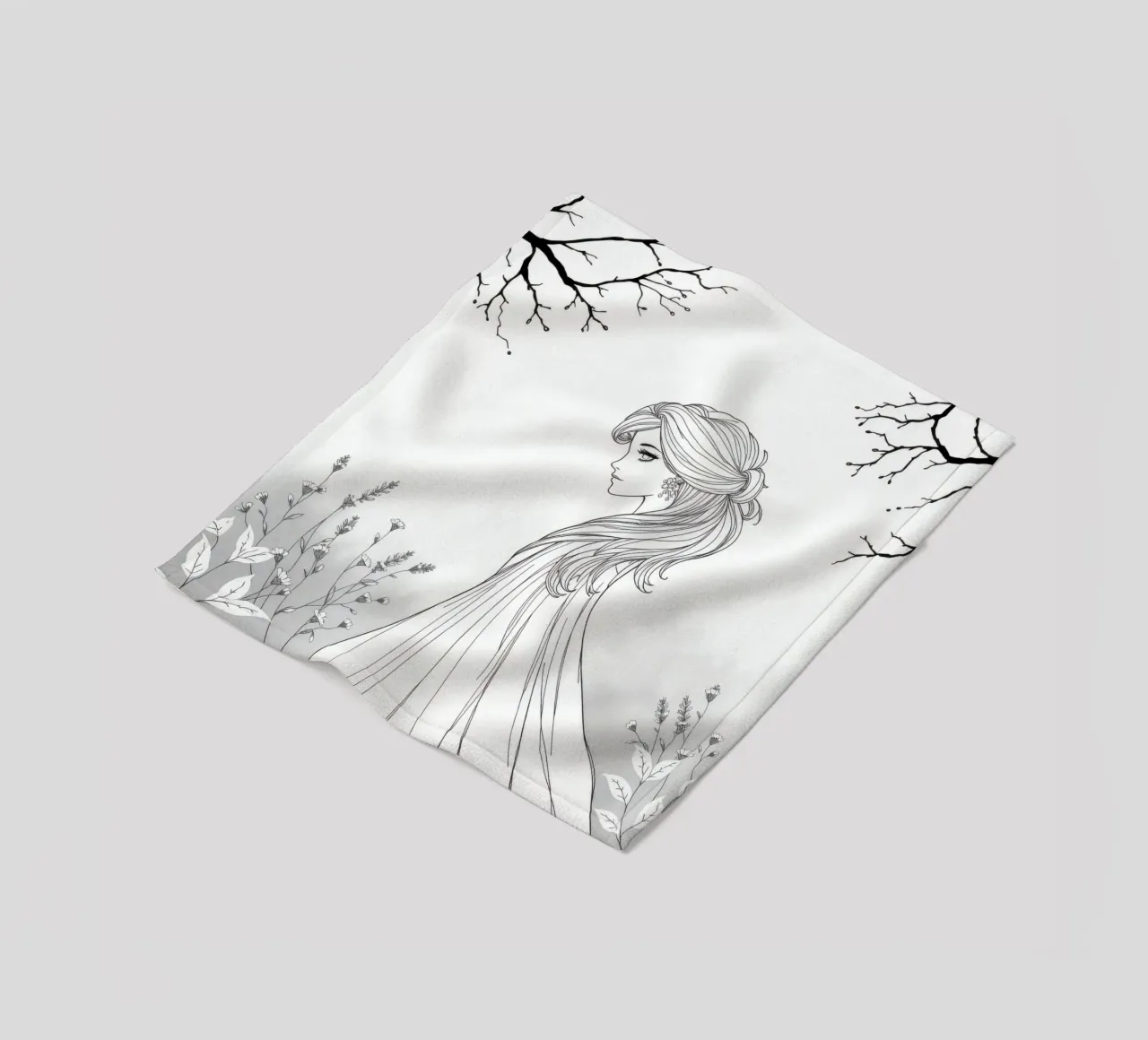 Donna elegante con capelli fluenti in un'opera d'arte in bianco e nero coperta in pile da DesignDoodle
