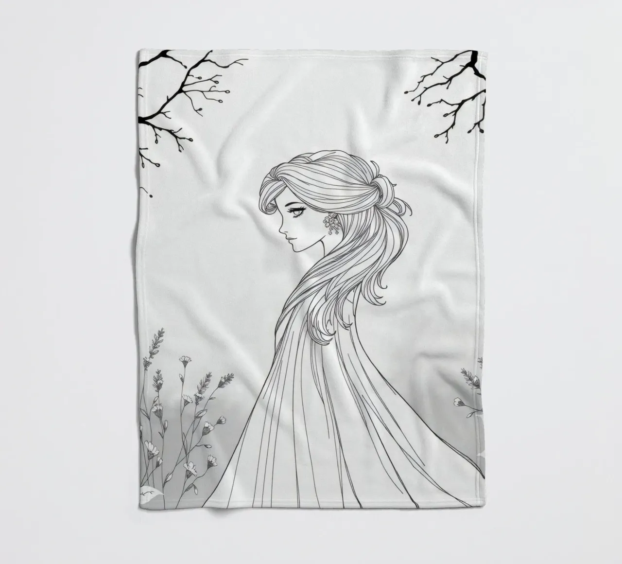 Donna elegante con capelli fluenti in un'opera d'arte in bianco e nero coperta in pile da DesignDoodle
