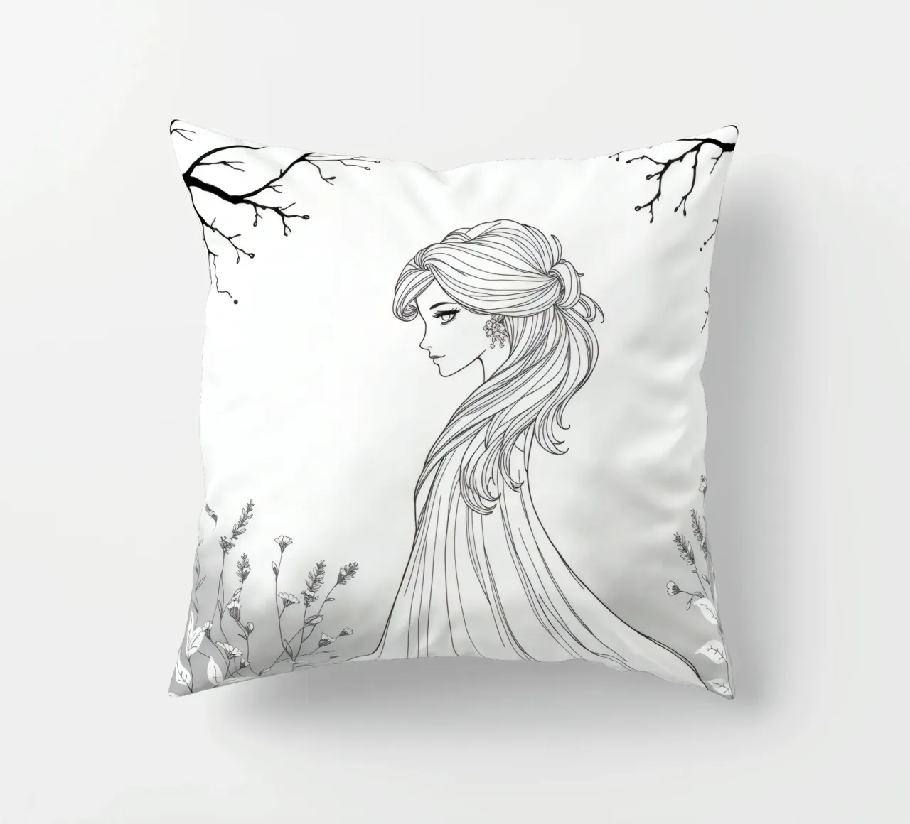 Donna elegante con capelli fluenti in un'opera d'arte in bianco e nero cuscino da DesignDoodle