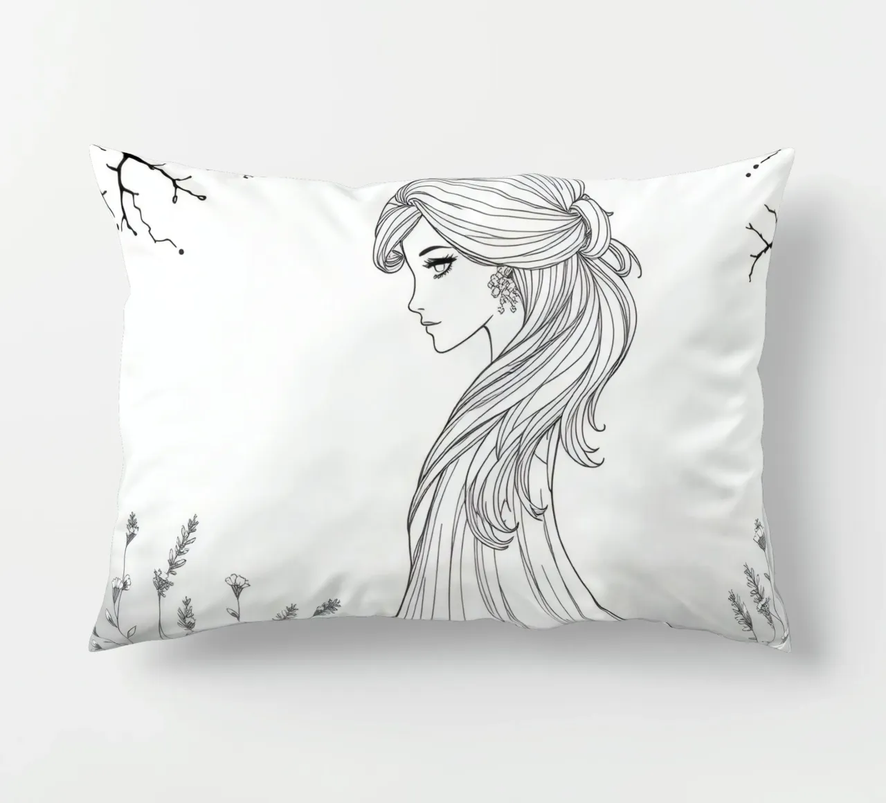 Donna elegante con capelli fluenti in un'opera d'arte in bianco e nero cuscino da DesignDoodle