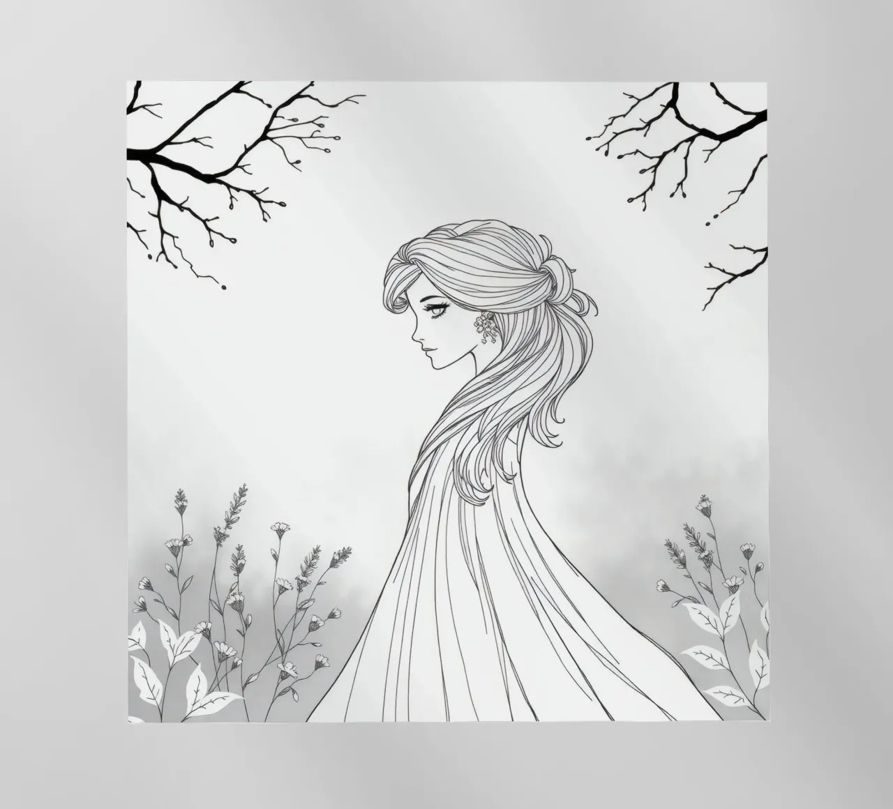 Donna elegante con capelli fluenti in un'opera d'arte in bianco e nero pellicola backlit da DesignDoodle
