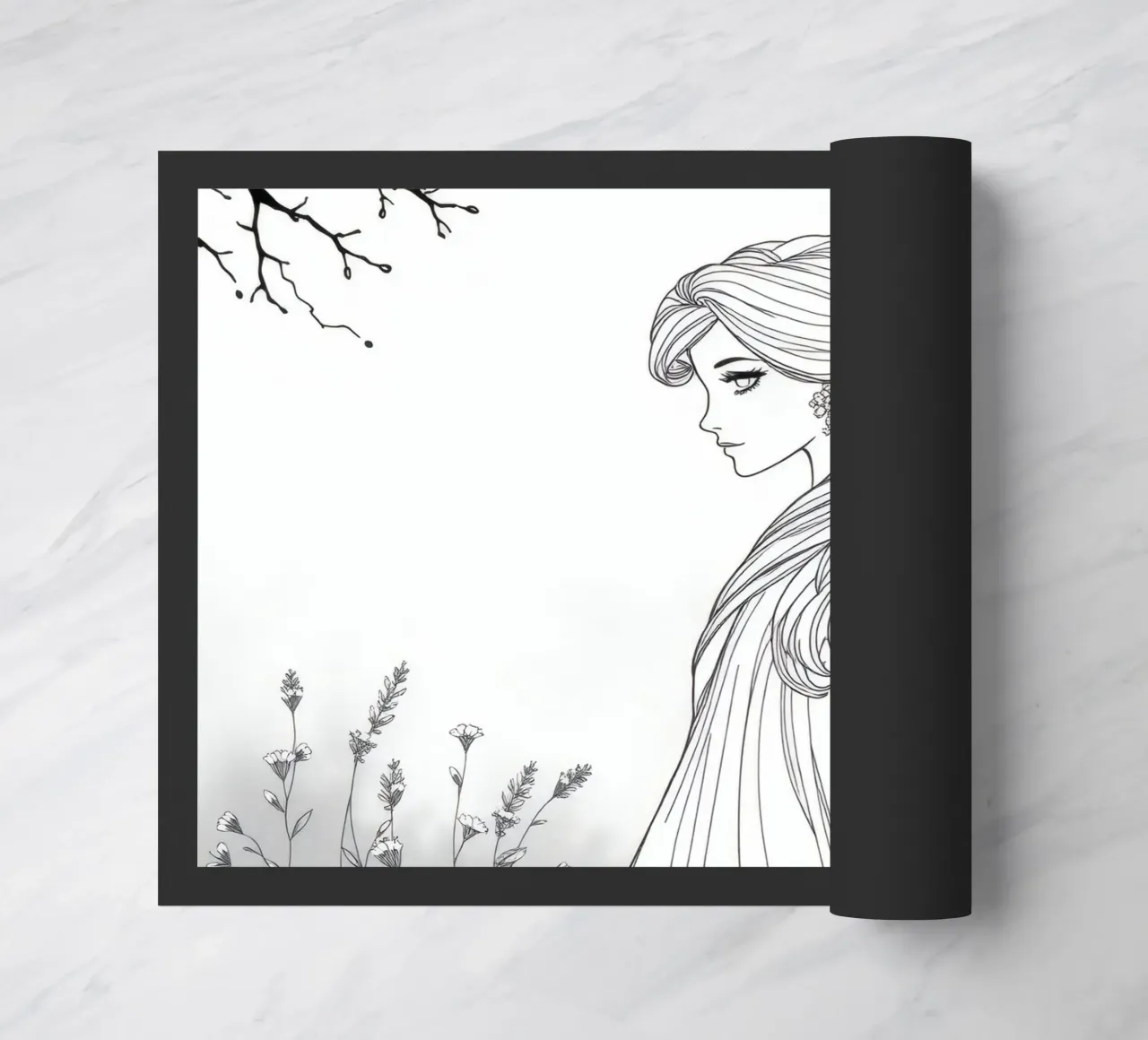 Donna elegante con capelli fluenti in un'opera d'arte in bianco e nero zerbino da DesignDoodle