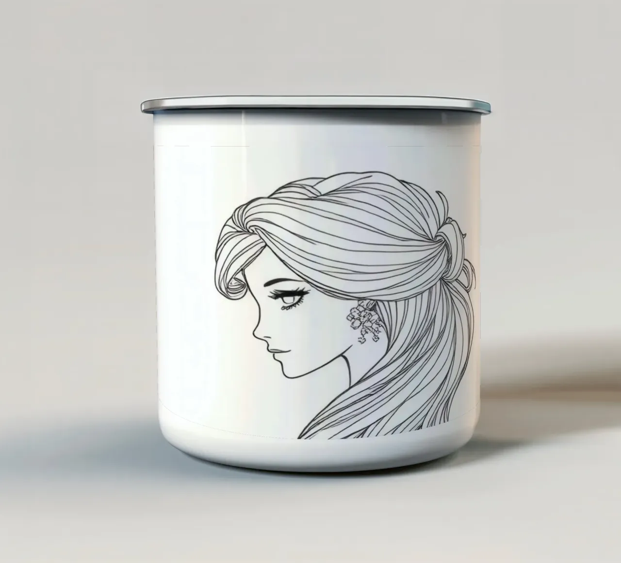 Donna elegante con capelli fluenti in un'opera d'arte in bianco e nero tazza in smalto da DesignDoodle