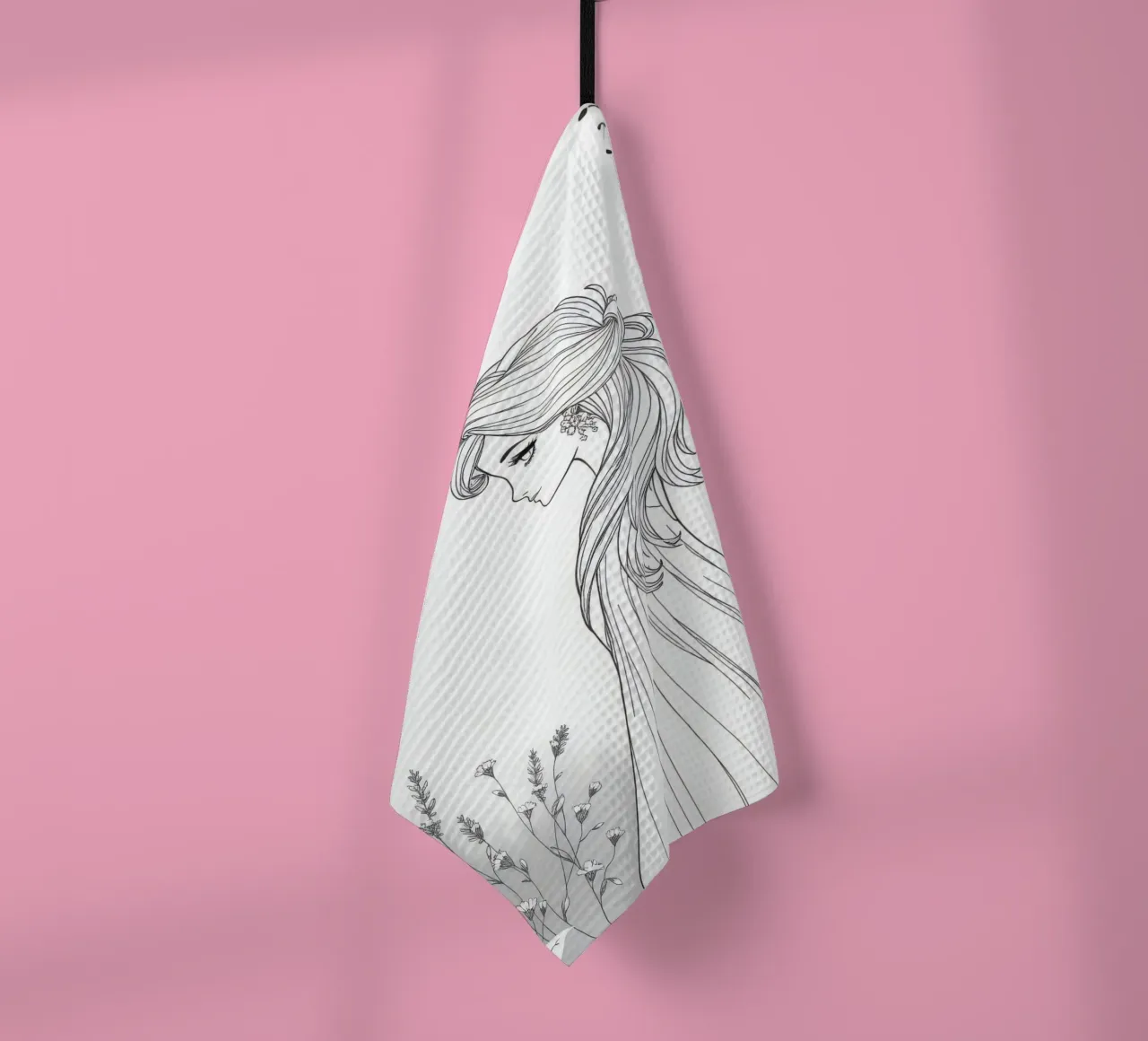 Donna elegante con capelli fluenti in un'opera d'arte in bianco e nero canovaccio da cucina da DesignDoodle
