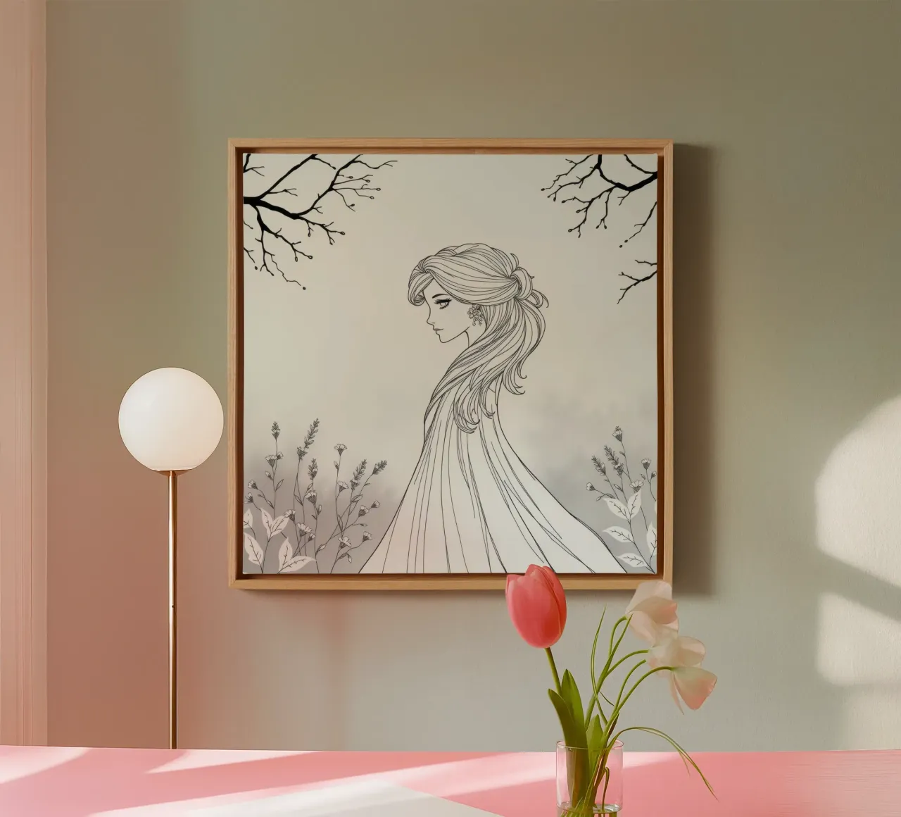 Donna elegante con capelli fluenti in un'opera d'arte in bianco e nero tela con Cornice a cassetta da DesignDoodle