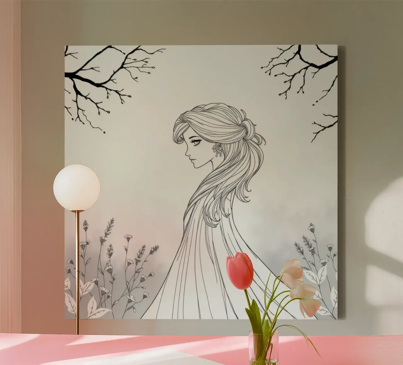 Donna elegante con capelli fluenti in un'opera d'arte in bianco e nero tela con Cornice a cassetta da DesignDoodle