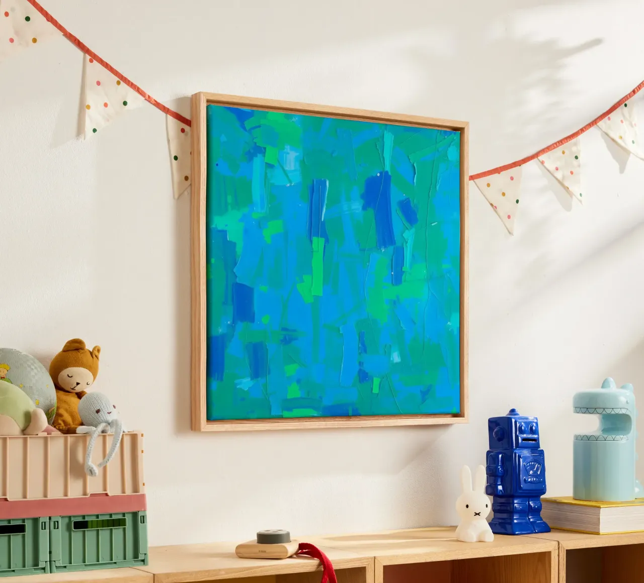 abstract schilderij met blauw- en groentinten canvas van DesignDoodle