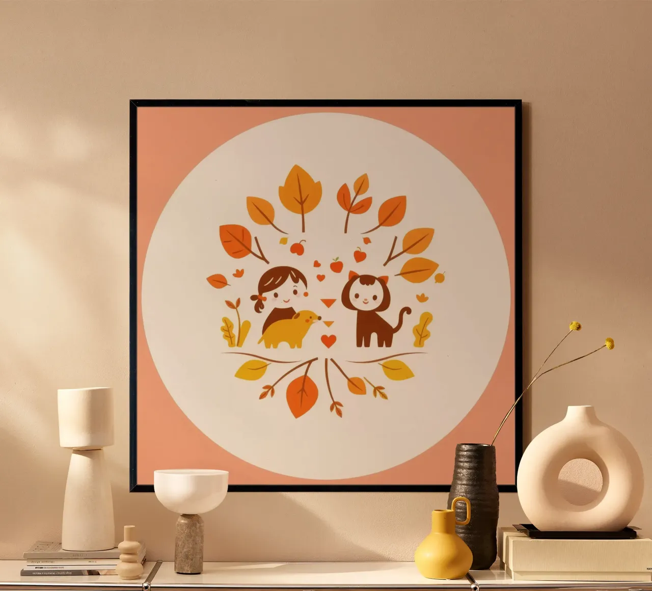 Illustrazione carina di una ragazza con i suoi animali domestici poster con telaio in legno da DesignDoodle