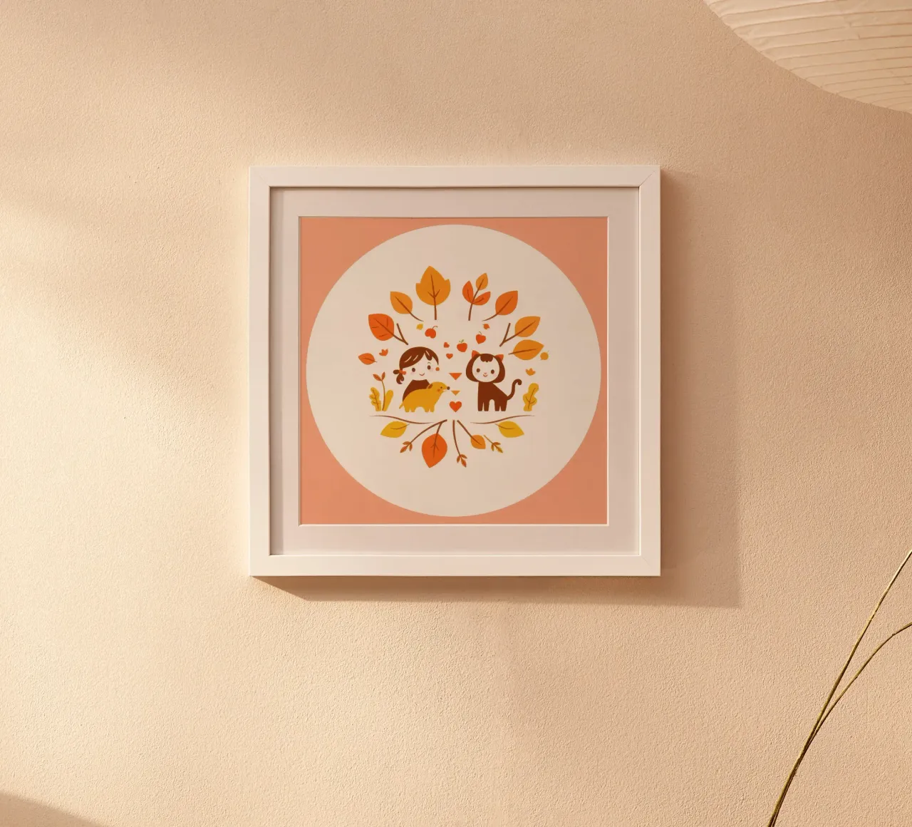 Illustrazione carina di una ragazza con i suoi animali domestici poster con telaio in legno da DesignDoodle