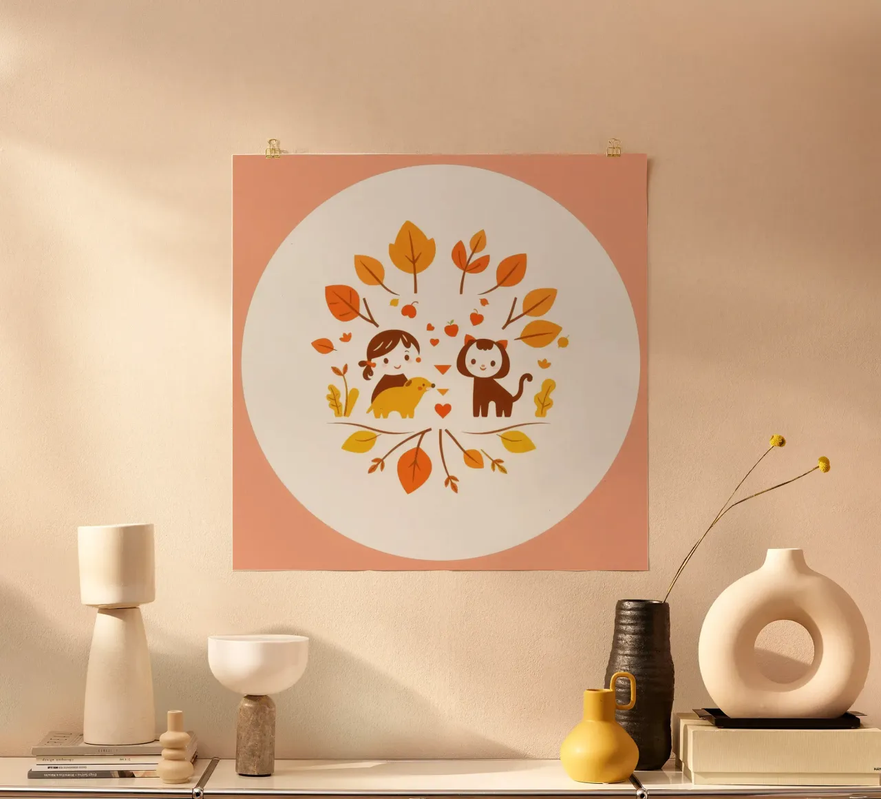 Illustrazione carina di una ragazza con i suoi animali domestici poster con telaio in legno da DesignDoodle