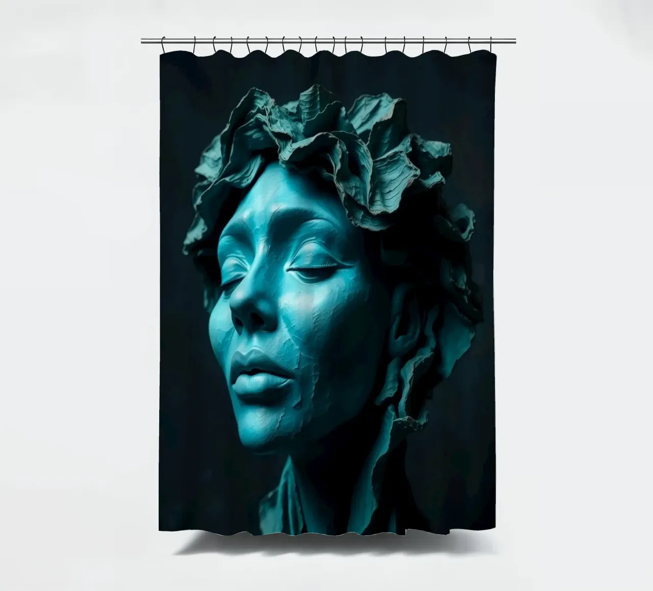 Scultura di una donna calma con capelli fluenti nei toni del verde acqua tenda da doccia da DesignDoodle