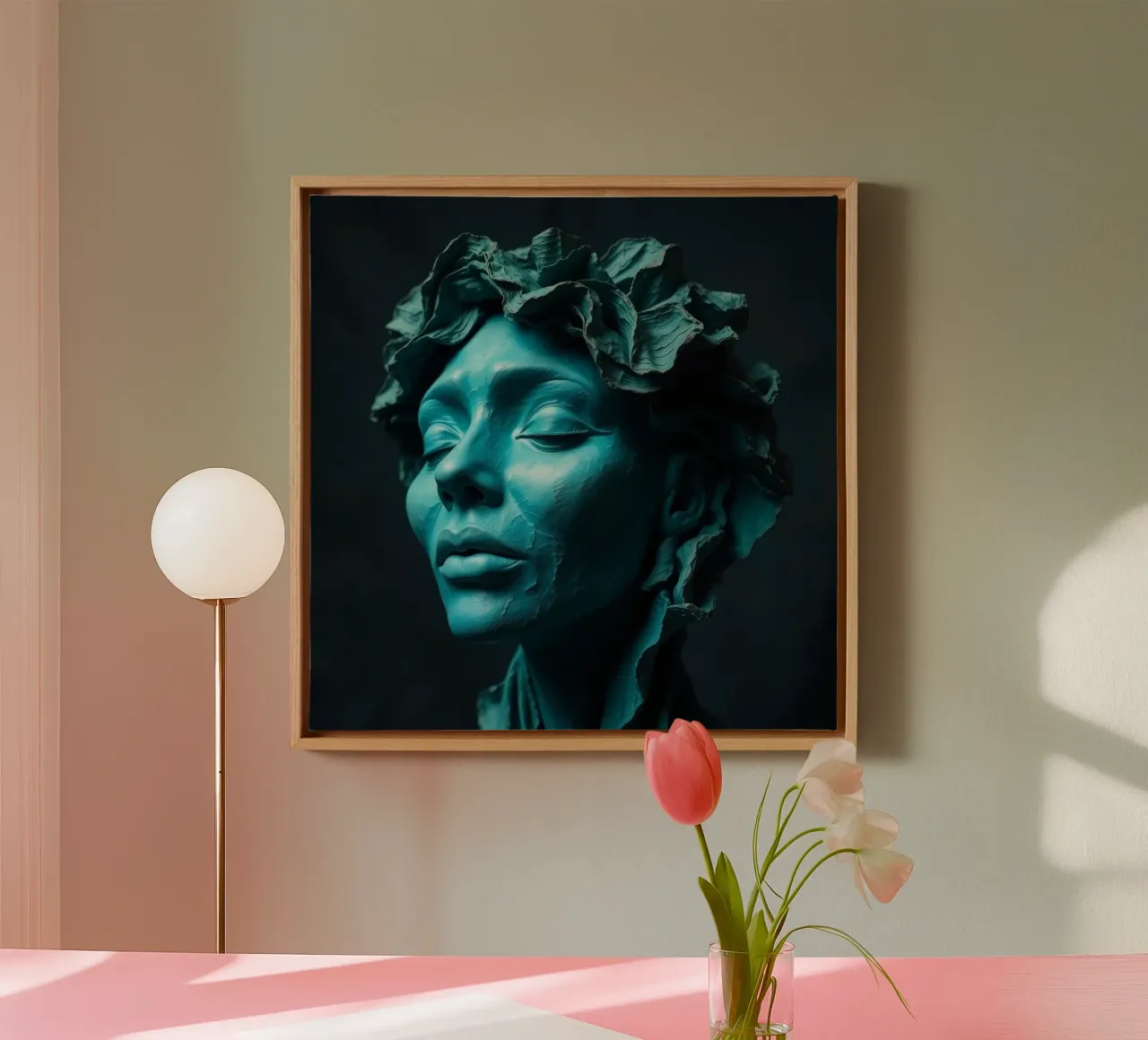 Scultura di una donna calma con capelli fluenti nei toni del verde acqua tela con Cornice a cassetta da DesignDoodle