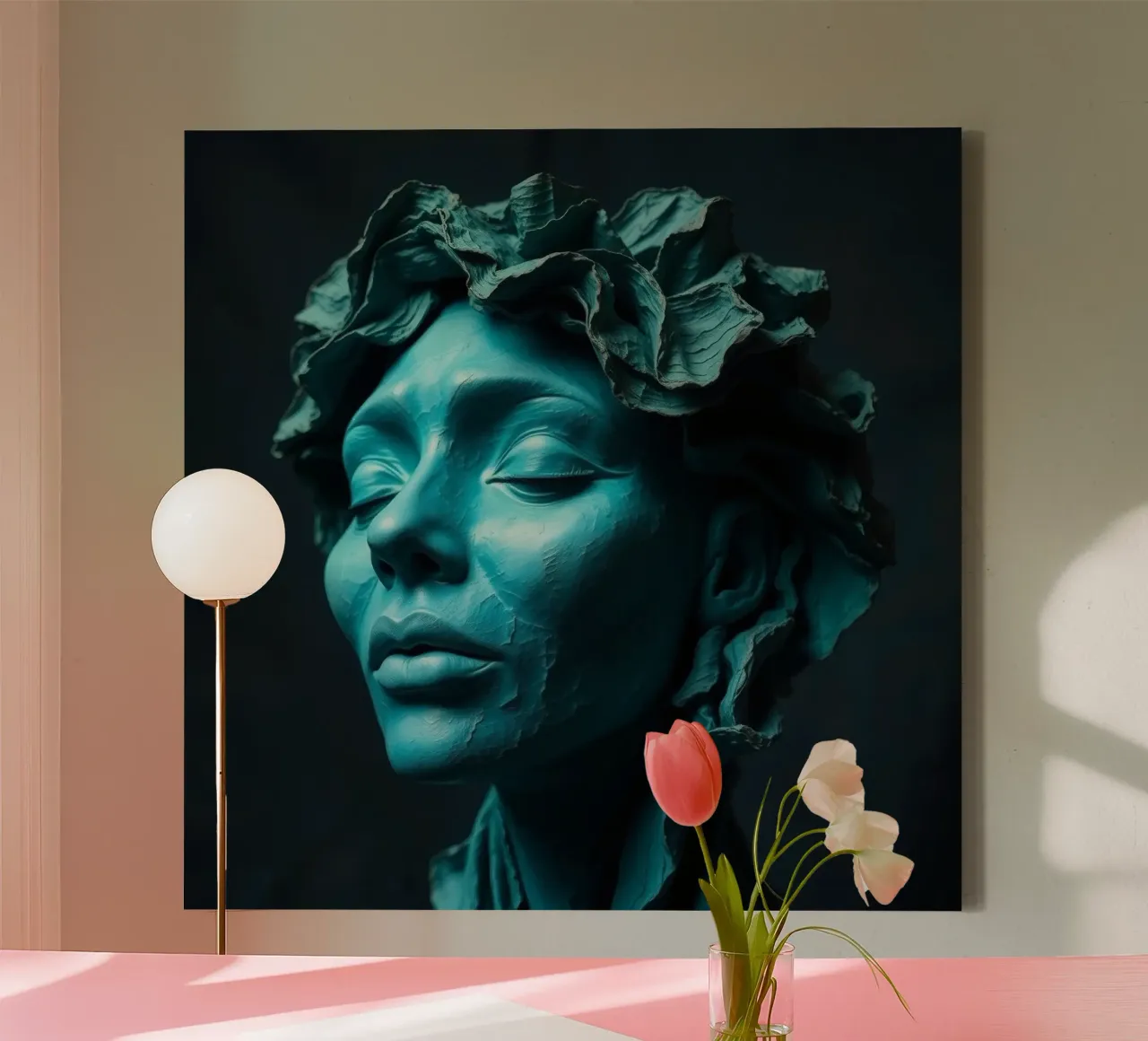 Scultura di una donna calma con capelli fluenti nei toni del verde acqua tela con Cornice a cassetta da DesignDoodle