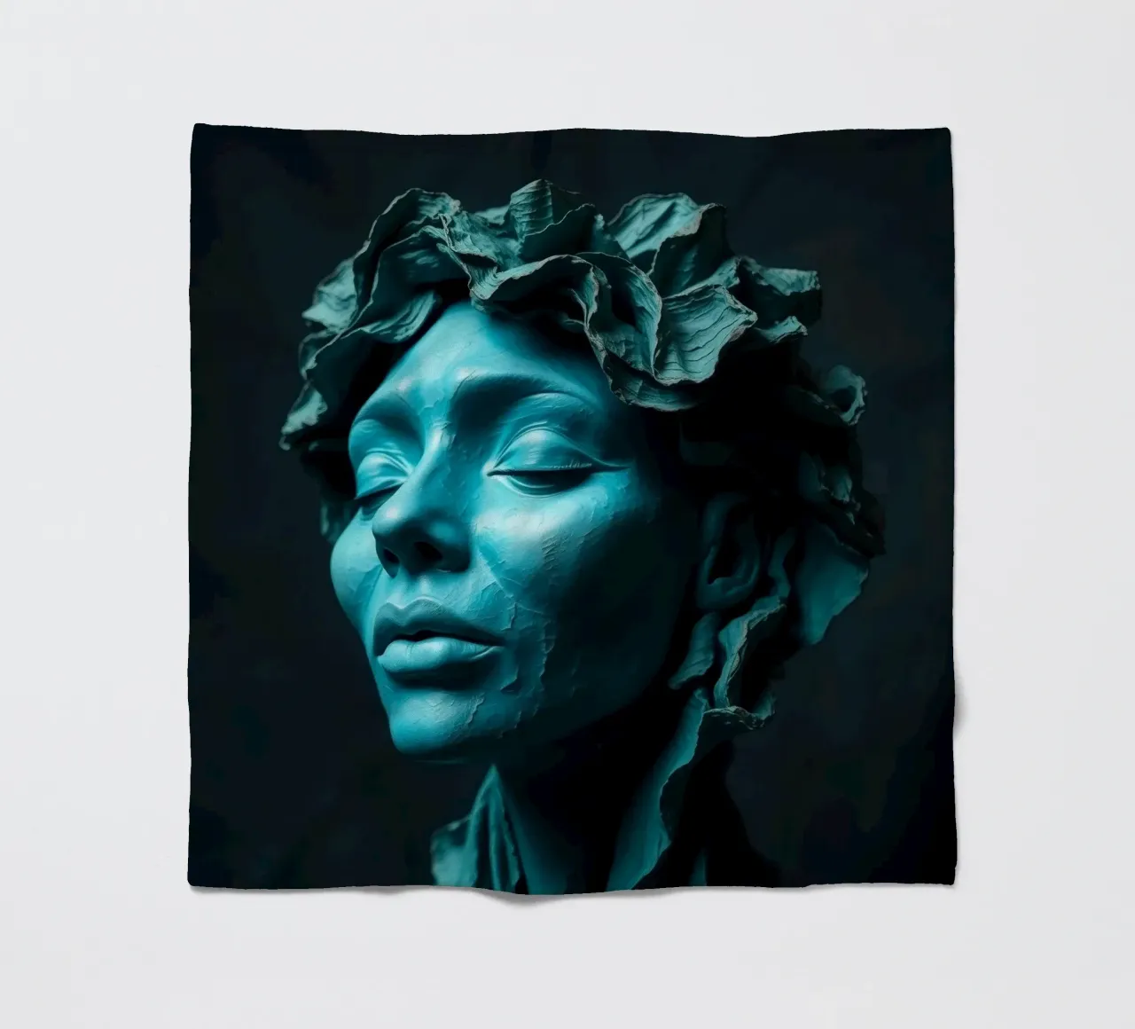 Scultura di una donna calma con capelli fluenti nei toni del verde acqua coperta in pile da DesignDoodle