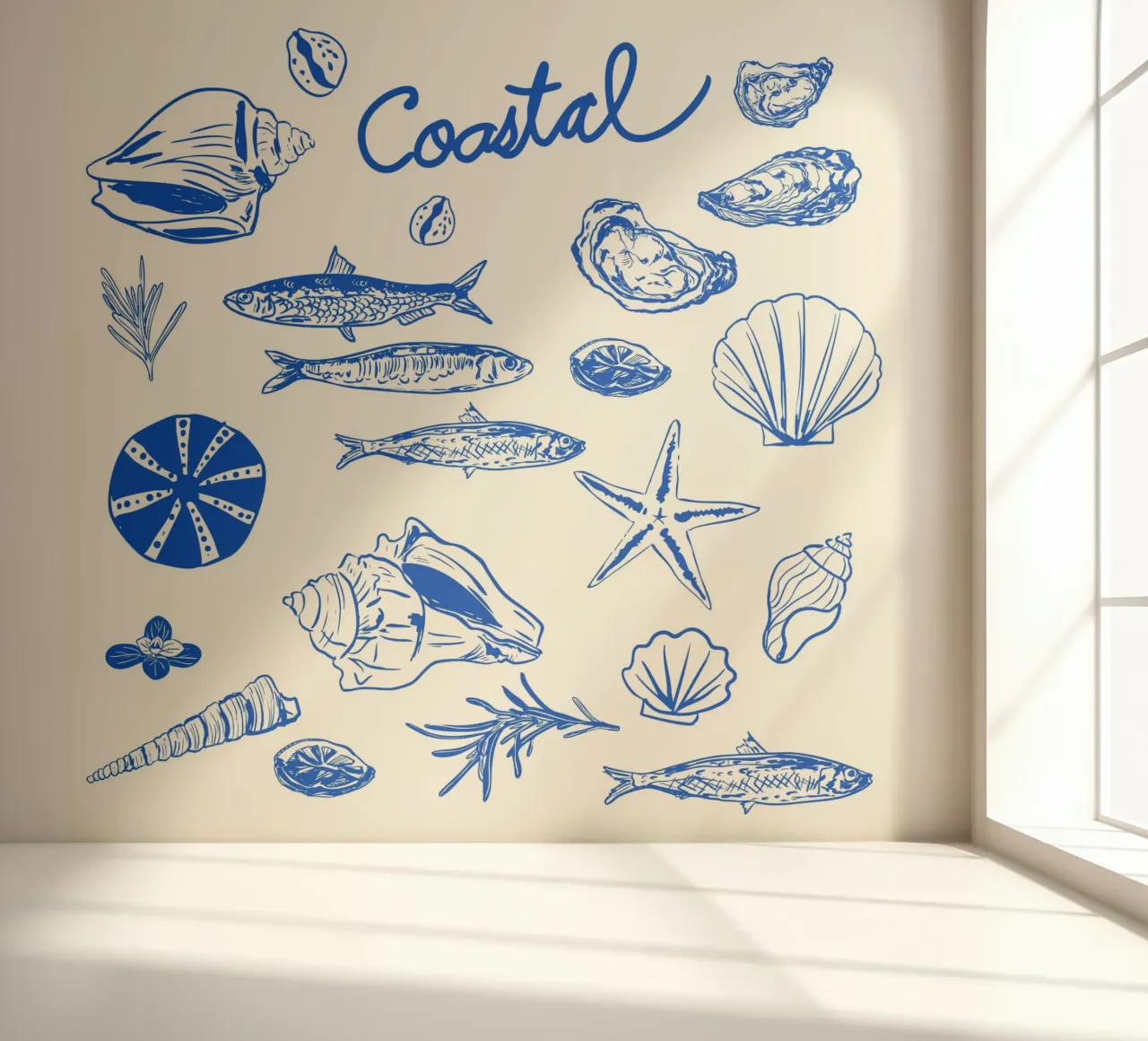 Fuga costiera blu - Conchiglie e frutti di mare minimalisti carta da parati fotografica da EDMPROJECT