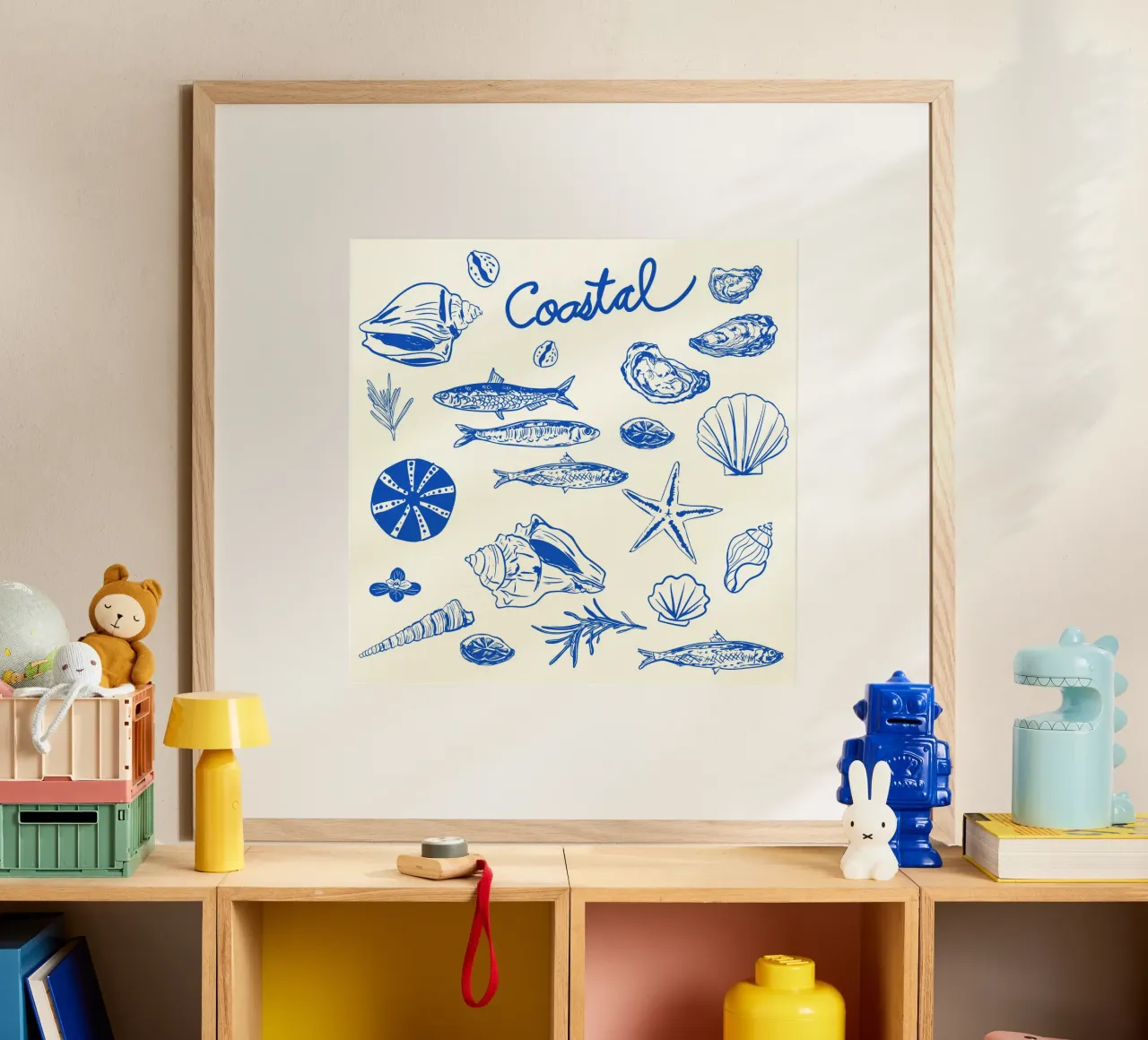 Blue Coastal Escape – Minimalist Seashell & Seafood poster by EDMPROJECT