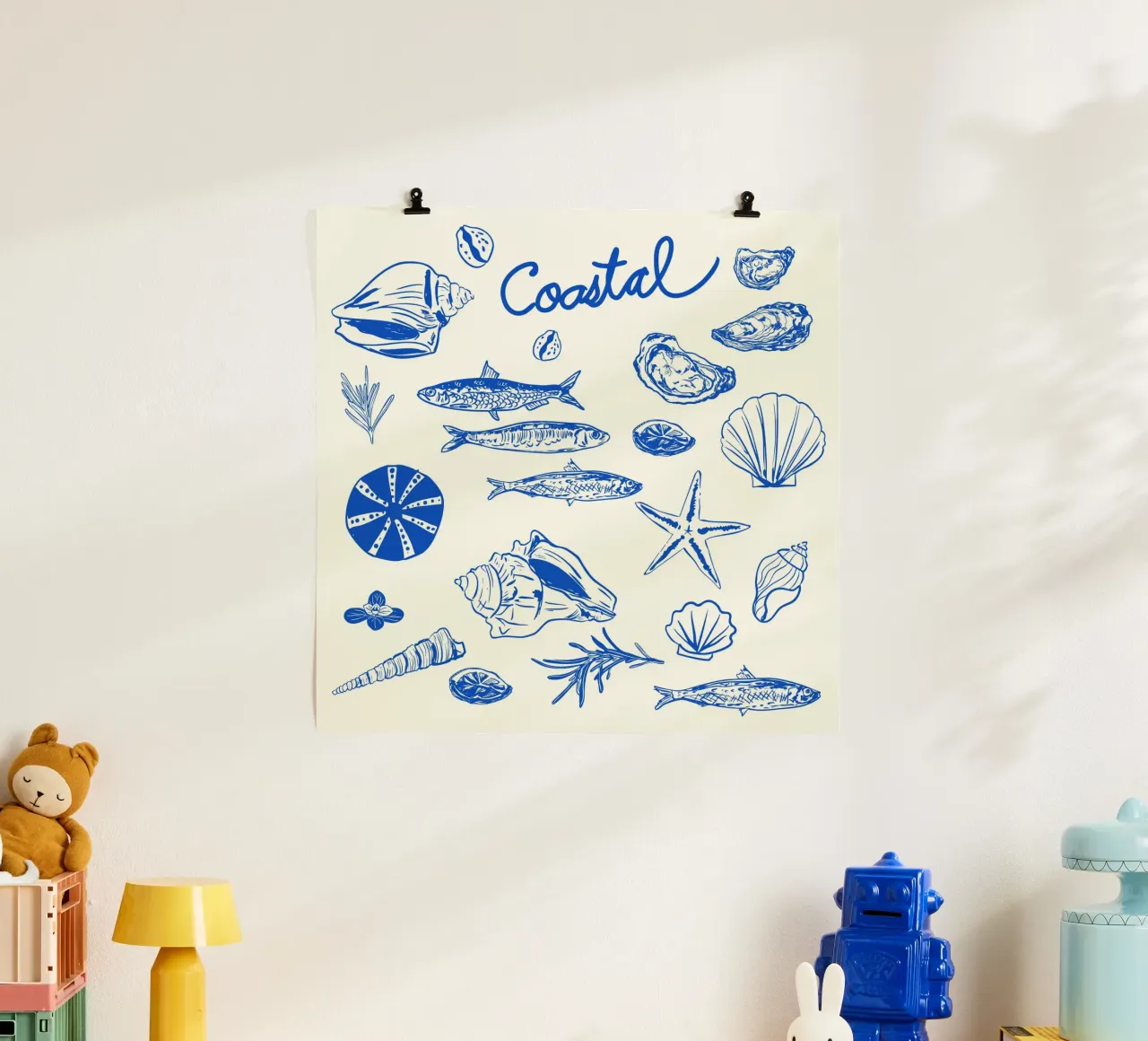 Blue Coastal Escape – Minimalist Seashell & Seafood poster by EDMPROJECT