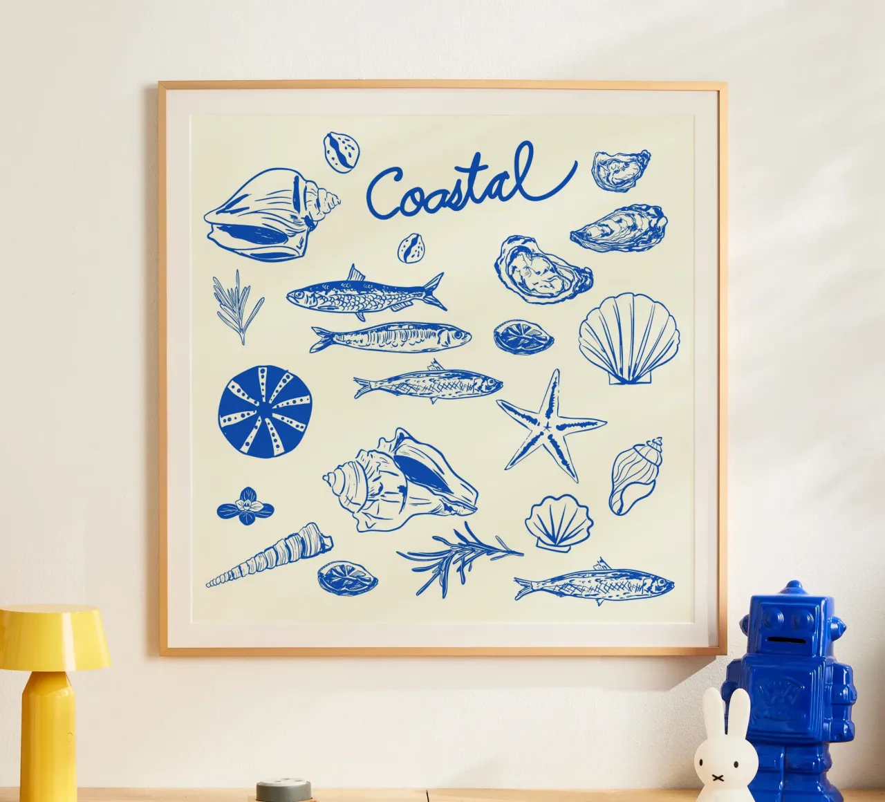 Blue Coastal Escape – Minimalist Seashell & Seafood poster by EDMPROJECT