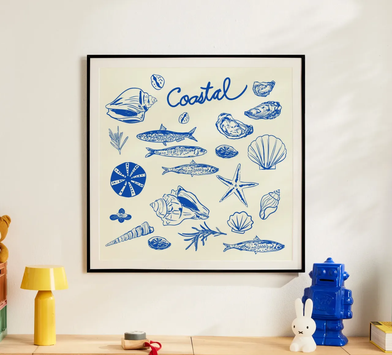 Blue Coastal Escape – Minimalist Seashell & Seafood poster by EDMPROJECT