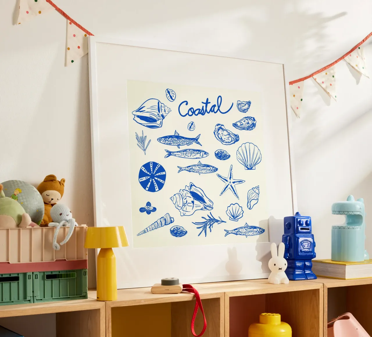 Blue Coastal Escape – Minimalist Seashell & Seafood poster by EDMPROJECT