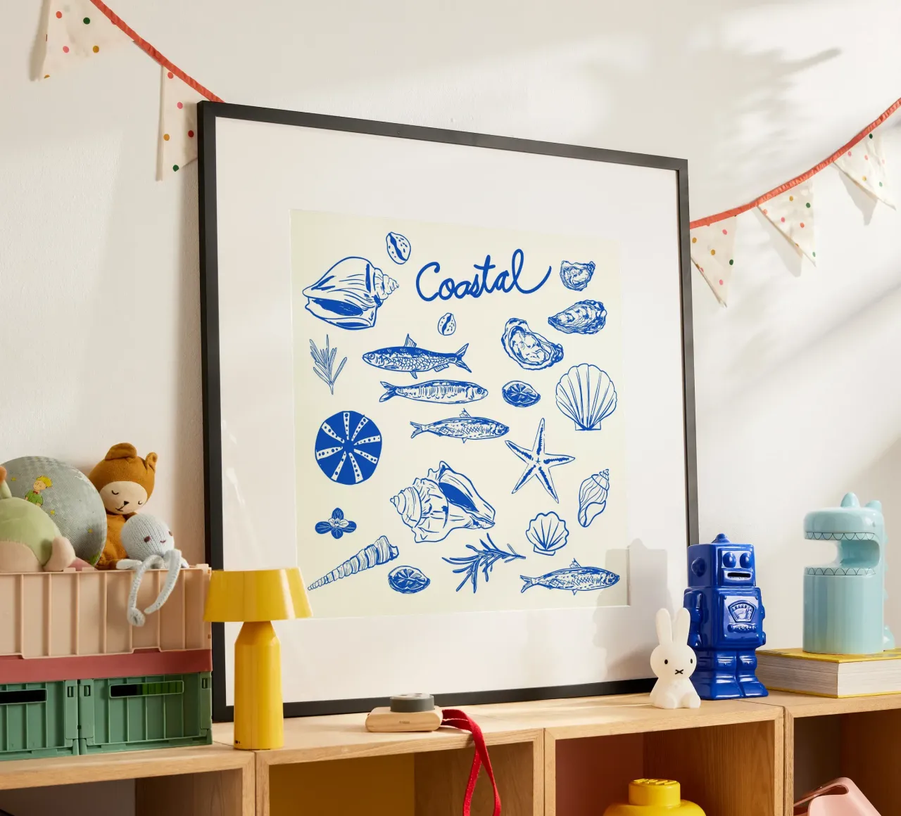 Blue Coastal Escape – Minimalist Seashell & Seafood poster by EDMPROJECT