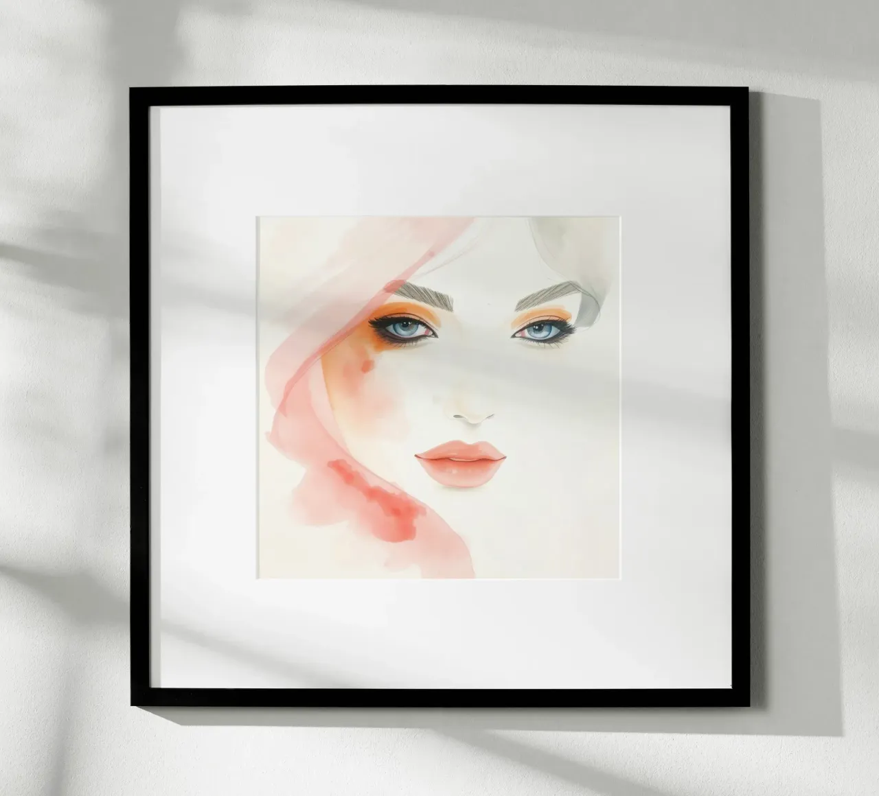 acquerelli, una donna dagli occhi azzurri e dal trucco tenue poster con telaio in alluminio da DesignDoodle