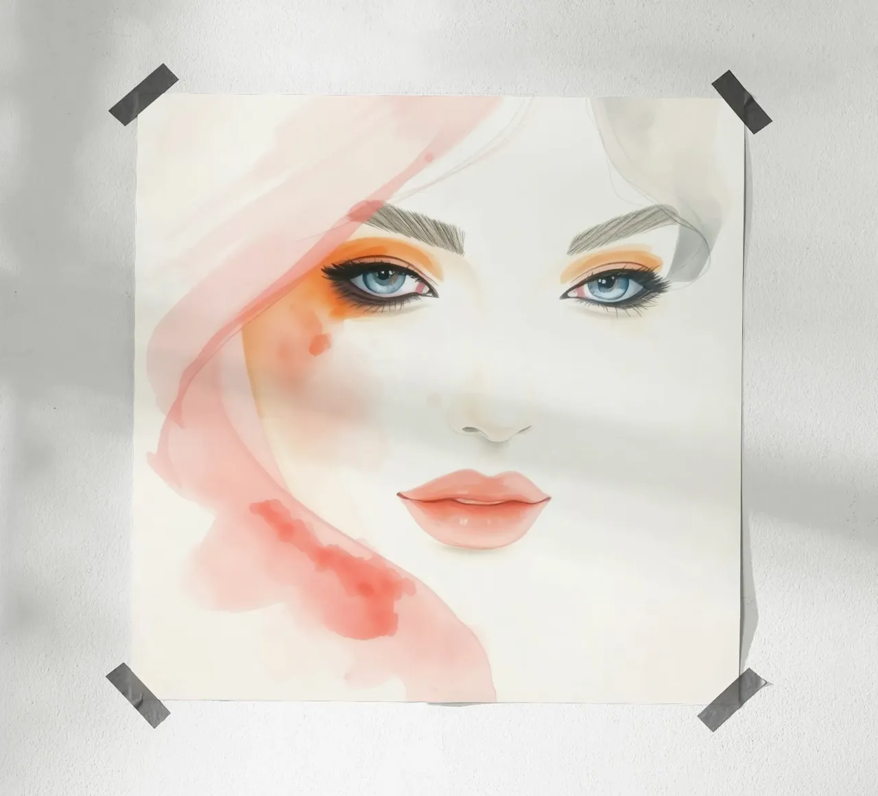 acquerelli, una donna dagli occhi azzurri e dal trucco tenue poster con telaio in alluminio da DesignDoodle
