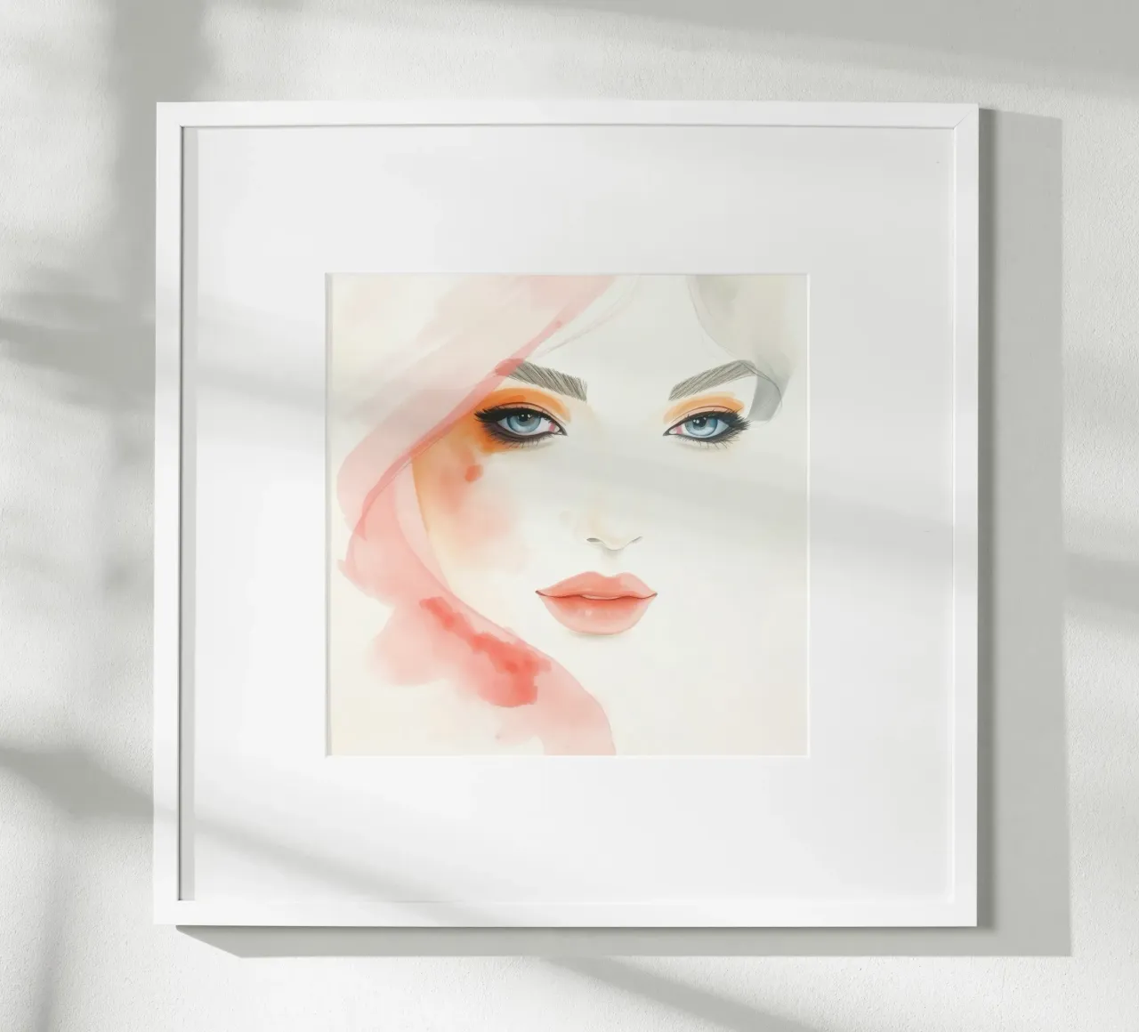 acquerelli, una donna dagli occhi azzurri e dal trucco tenue poster con telaio in alluminio da DesignDoodle