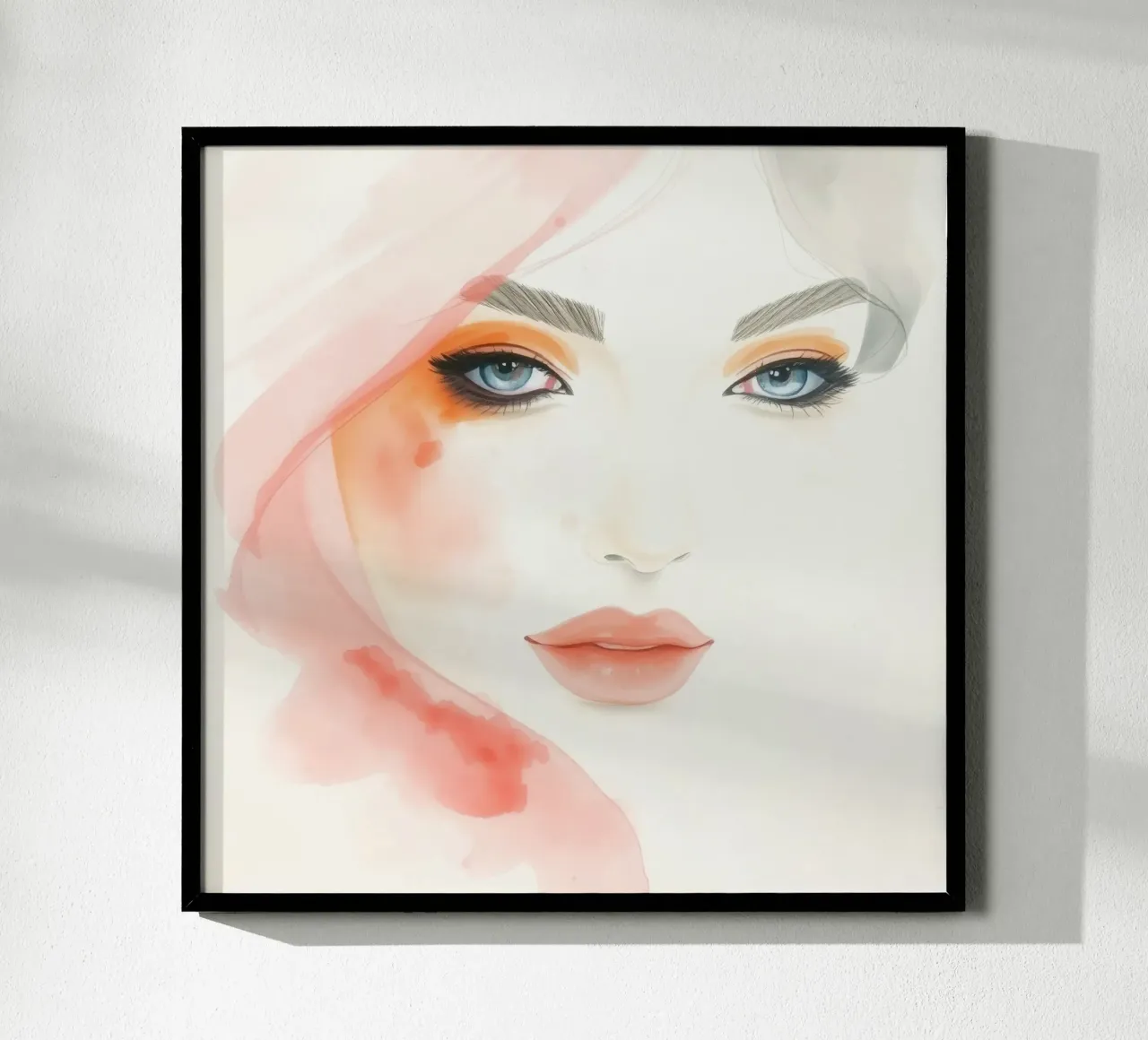 acquerelli, una donna dagli occhi azzurri e dal trucco tenue poster con telaio in alluminio da DesignDoodle