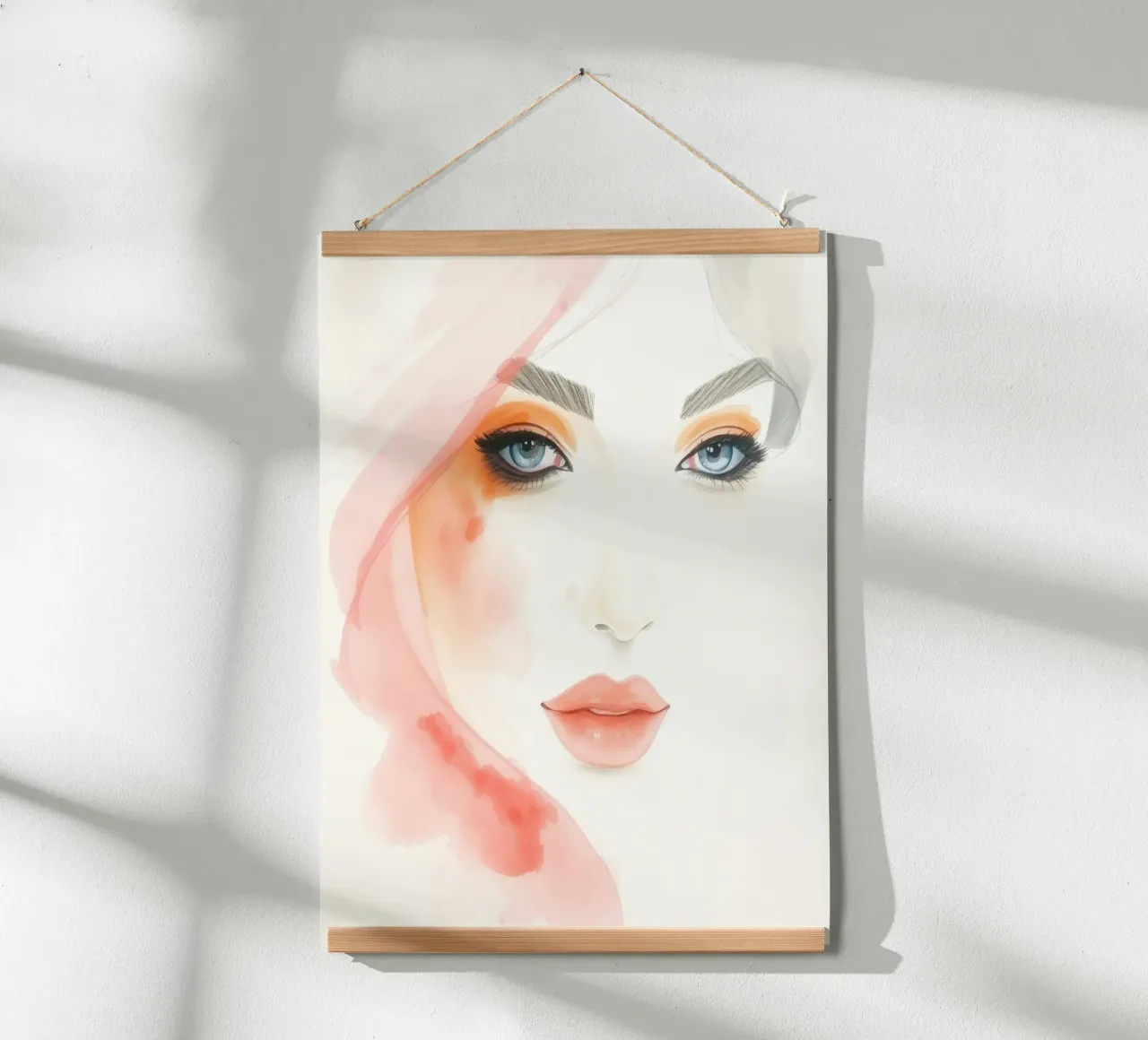 acquerelli, una donna dagli occhi azzurri e dal trucco tenue poster con telaio in alluminio da DesignDoodle