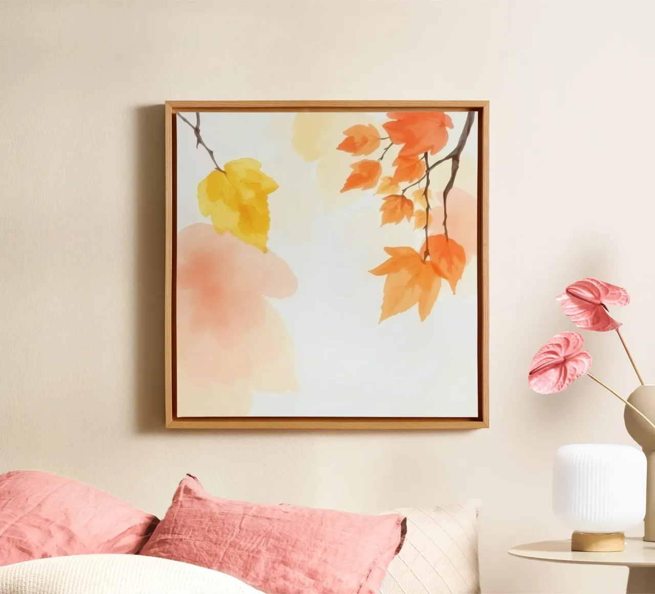 Feuilles d'automne dérivant doucement sur un fond d'art pastel doux toile avec Caisse américaine de DesignDoodle