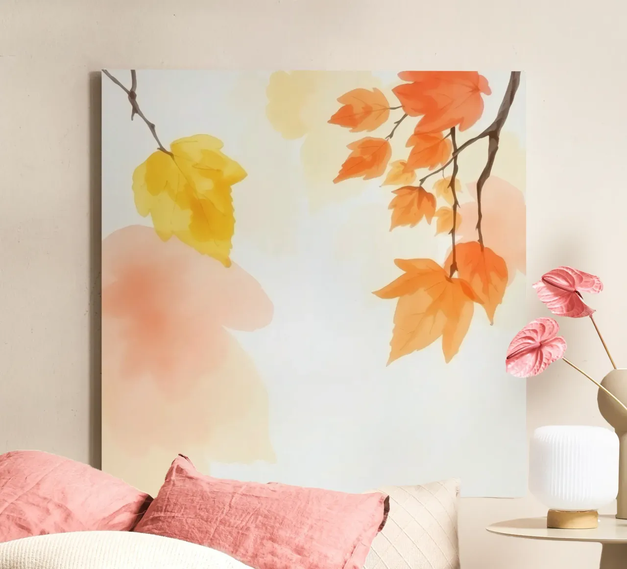 Feuilles d'automne dérivant doucement sur un fond d'art pastel doux toile avec Caisse américaine de DesignDoodle