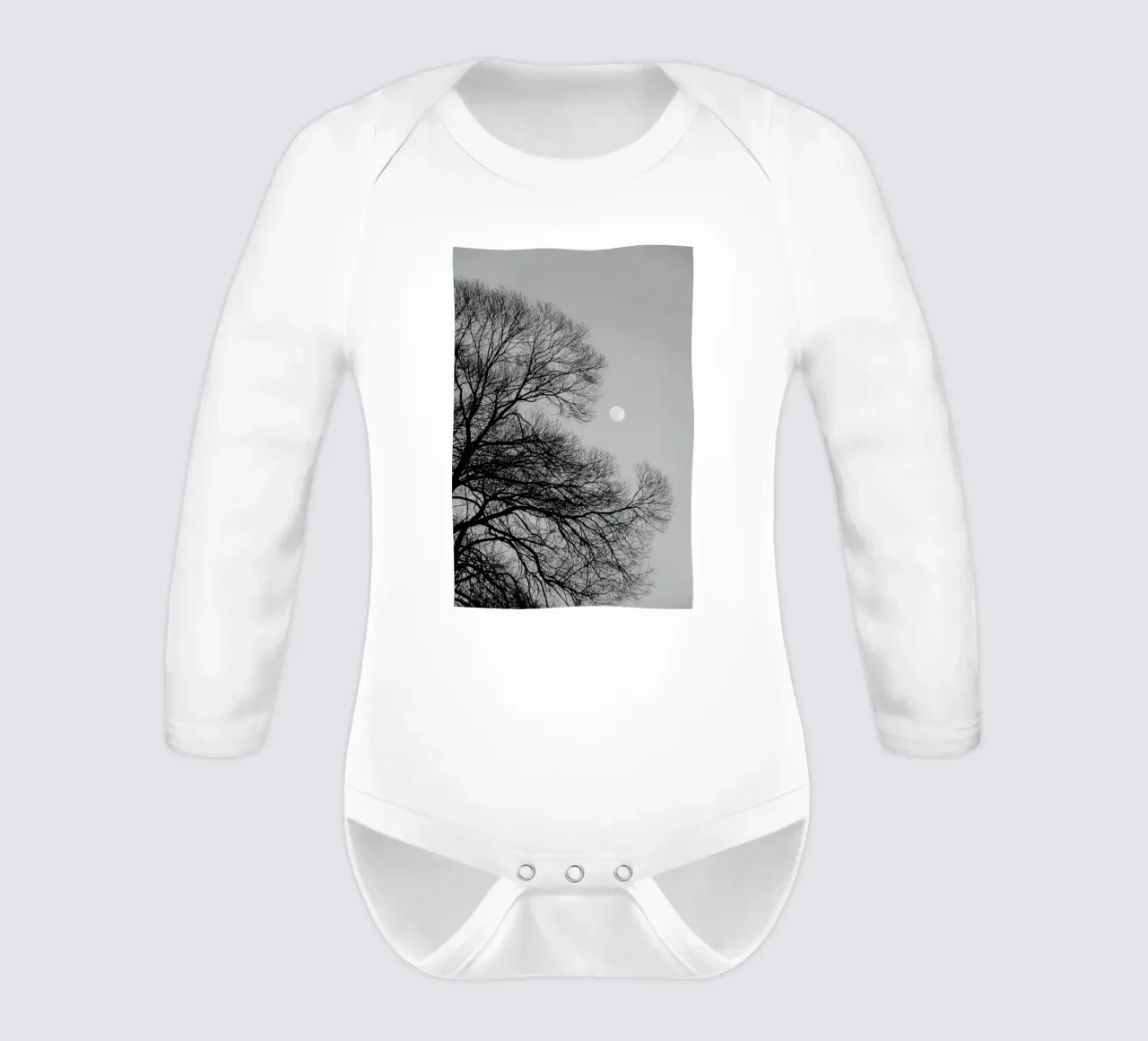 Full Moon Loves Winter Tree - Black & White Edition long-sleeve baby romper by Studio Nahili