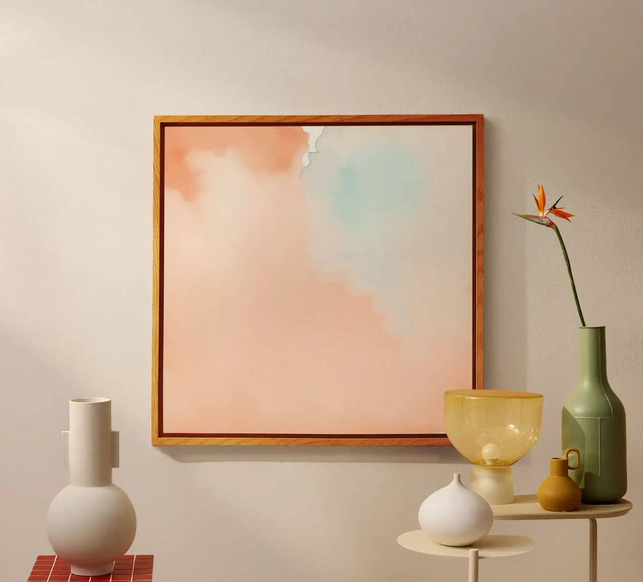 Zachte aquarelachtergrond in perzikkleur en lichtblauw acryl van DesignDoodle