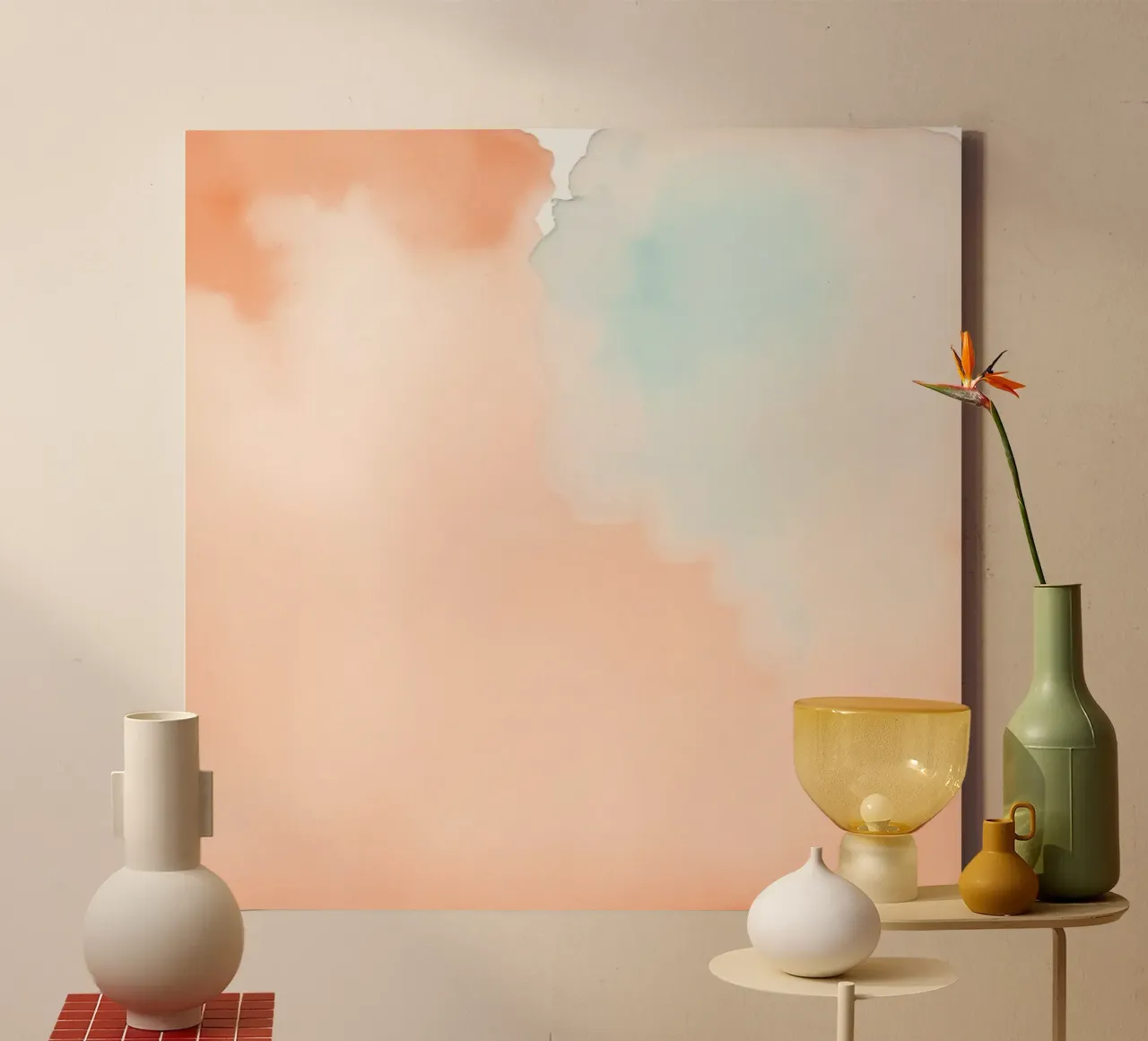 Zachte aquarelachtergrond in perzikkleur en lichtblauw canvas van DesignDoodle