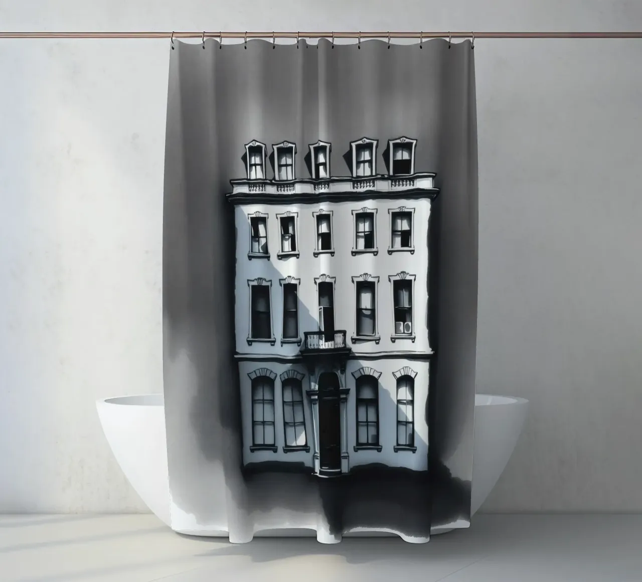 Unique architectural structure with detailed windows shower curtain by DesignDoodle