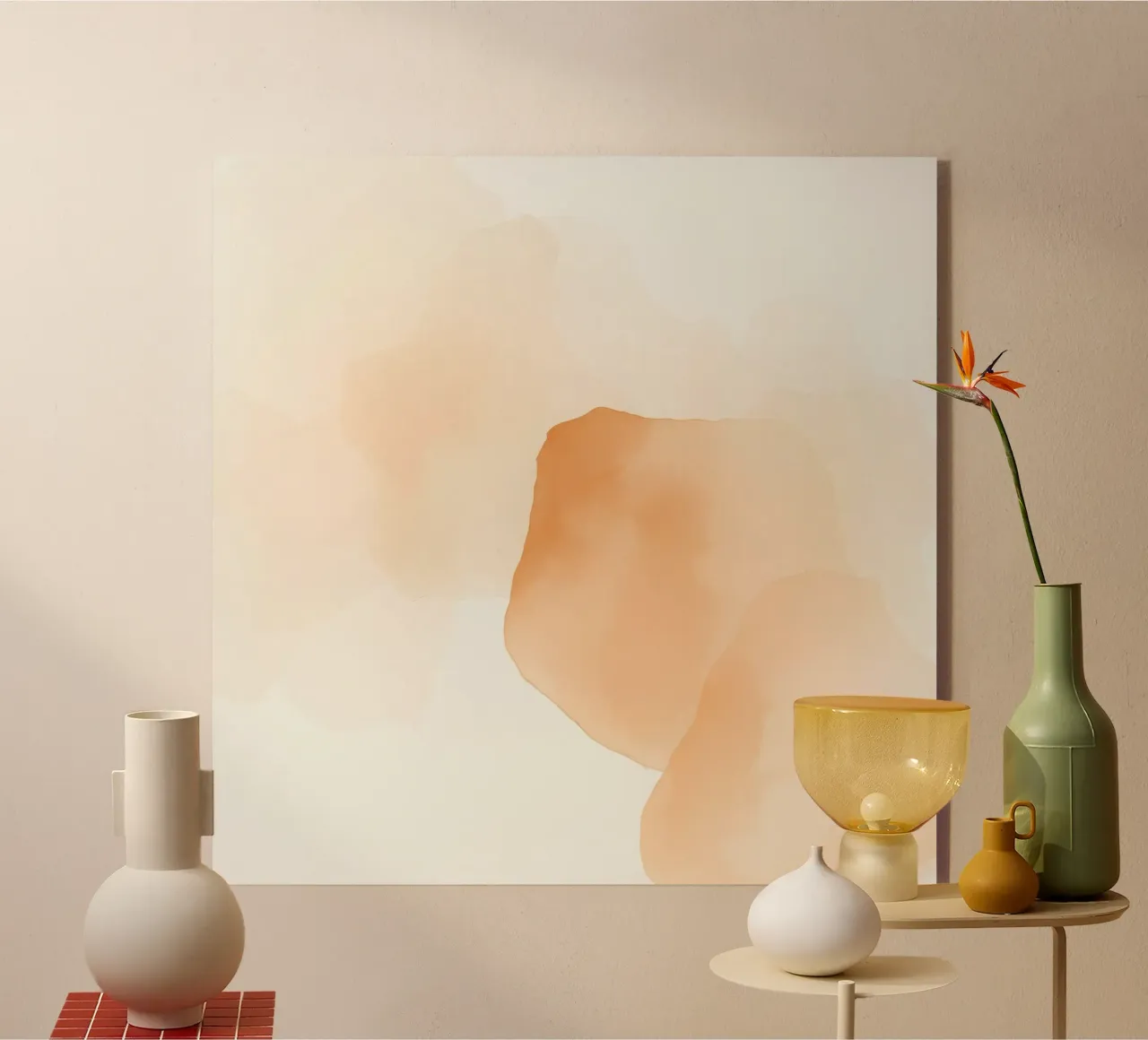pittura astratta ad acquerello con i colori caldi del pesca e del beige plexiglass da DesignDoodle